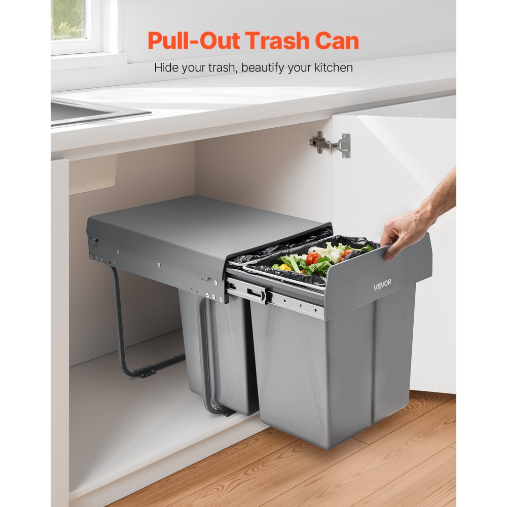 VEVOR Pullout Trash Can for Kitchen Cabinets, 20+10+10L Double Under Sink Garbage Waste Recycling Bin, Under Mount Waste Container, with Heavy Duty Metal Full Extension Sliding System and Handle