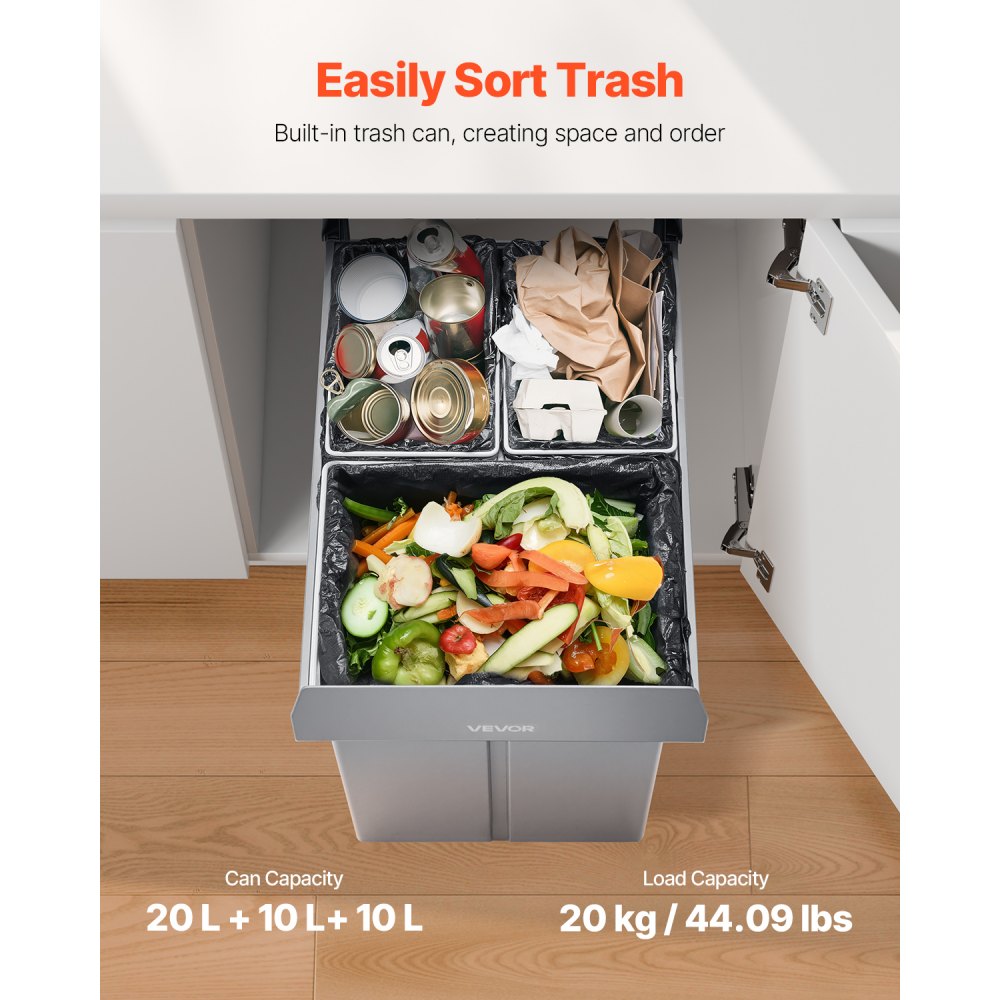 VEVOR Pullout Trash Can for Kitchen Cabinets, 20+10+10L Double Under Sink Garbage Waste Recycling Bin, Under Mount Waste Container, with Heavy Duty Metal Full Extension Sliding System and Handle