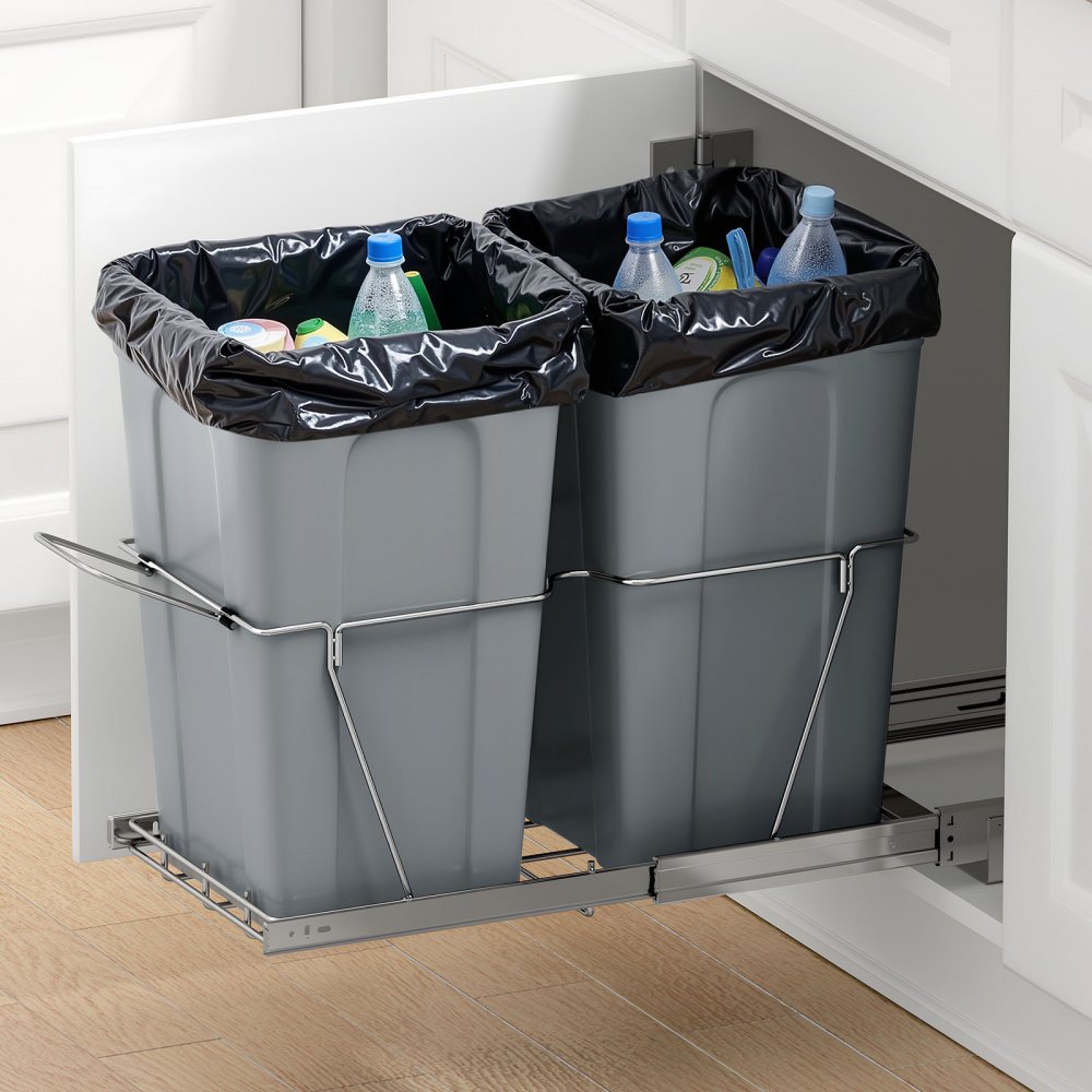 VEVOR Pullout Trash Can for Kitchen Cabinets,Double Under Sink Garbage Waste Recycling Bin, Under Mount Waste Container, with Heavy Duty Metal Full Extension Sliding System and Handle