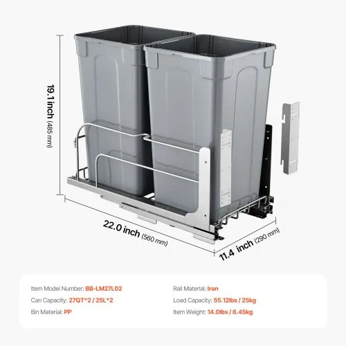VEVOR Pull-Out Trash Can, 27 QT x2 Double Under Mount Kitchen