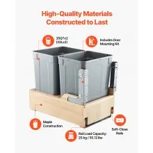 Double 35QTx2 Pullout Waste Container Under Cabinet Kitchen Bin Trash Can