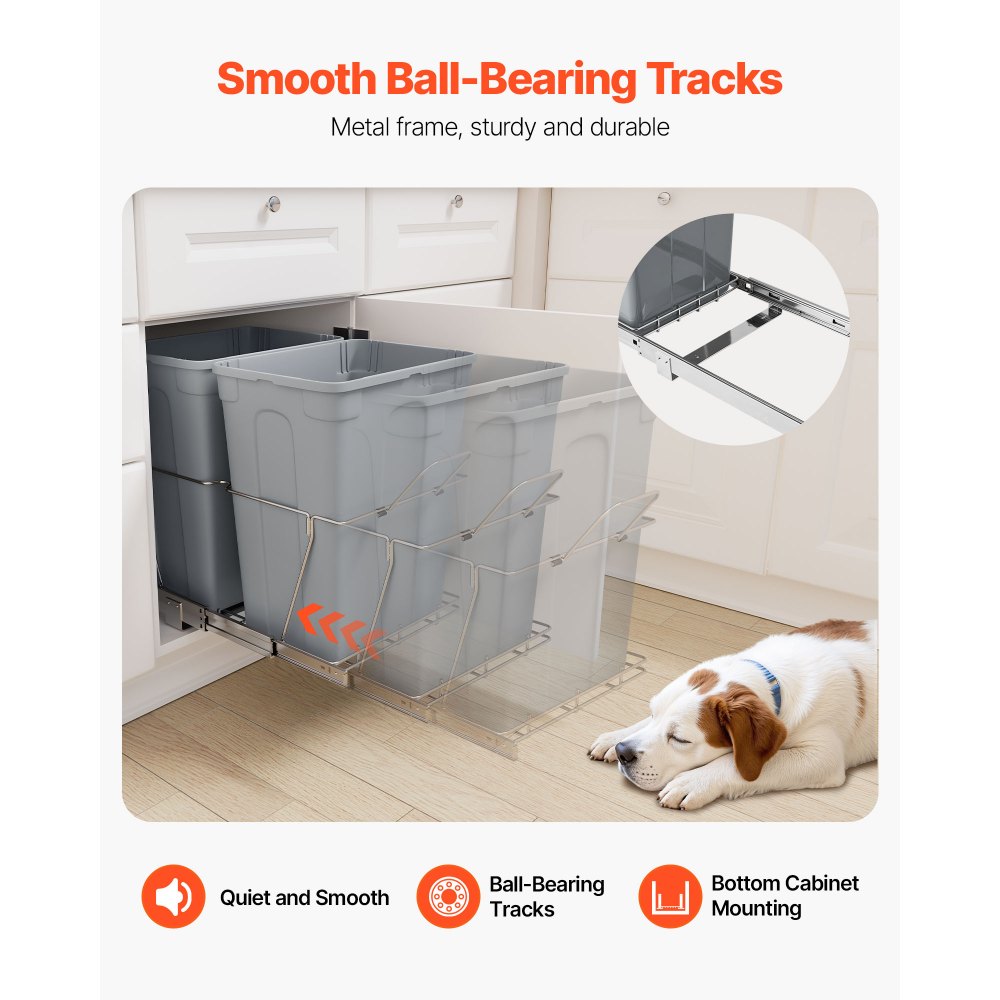 VEVOR Pullout Trash Can for Kitchen Cabinets, Double Under Sink Garbage Waste Recycling Bin, Under Mount Waste Container, with Heavy Duty Metal Full Extension Sliding System and Handle