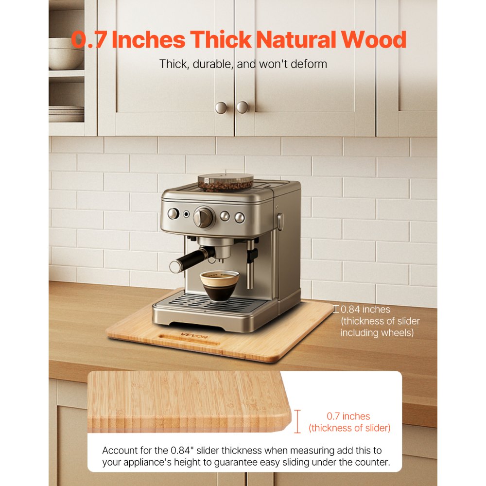VEVOR Appliance Slider, Medium 13 x 16-inch, Rolling Sliding Tray with Rubber Wheels & Hollow Handle, Easy to Clean, Appliance Rolling Tray for Coffee Maker, Kitchen Countertop, Natural Wood
