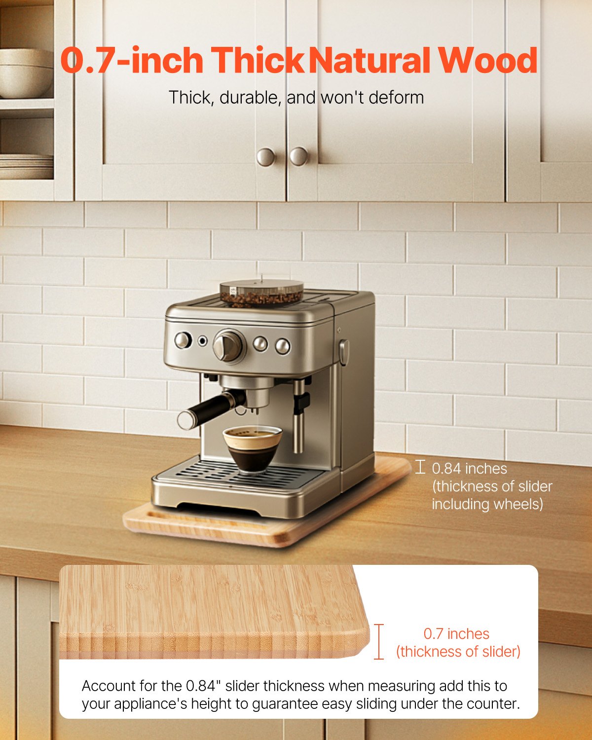 VEVOR Appliance Slider, Medium 14.5 x 7.5-inch, Rolling Sliding Tray with Rubber Wheels & Hollow Handle, Easy to Clean, Appliance Rolling Tray for Coffee Maker, Kitchen Countertop, Natural Wood