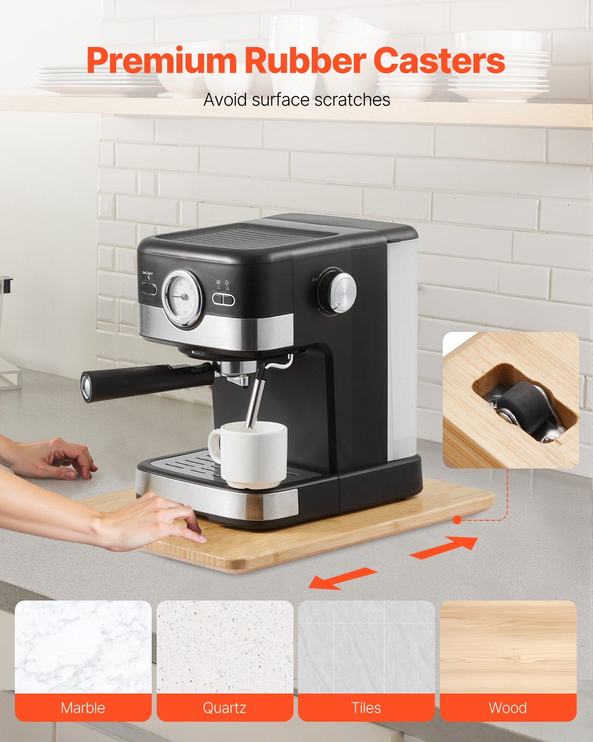 VEVOR Appliance Slider, Large 16 x 12-inch, Rolling Sliding Tray with Rubber Wheels & Hollow Handle, Easy to Clean, Appliance Rolling Tray for Coffee Maker, Kitchen Countertop, Natural Wood