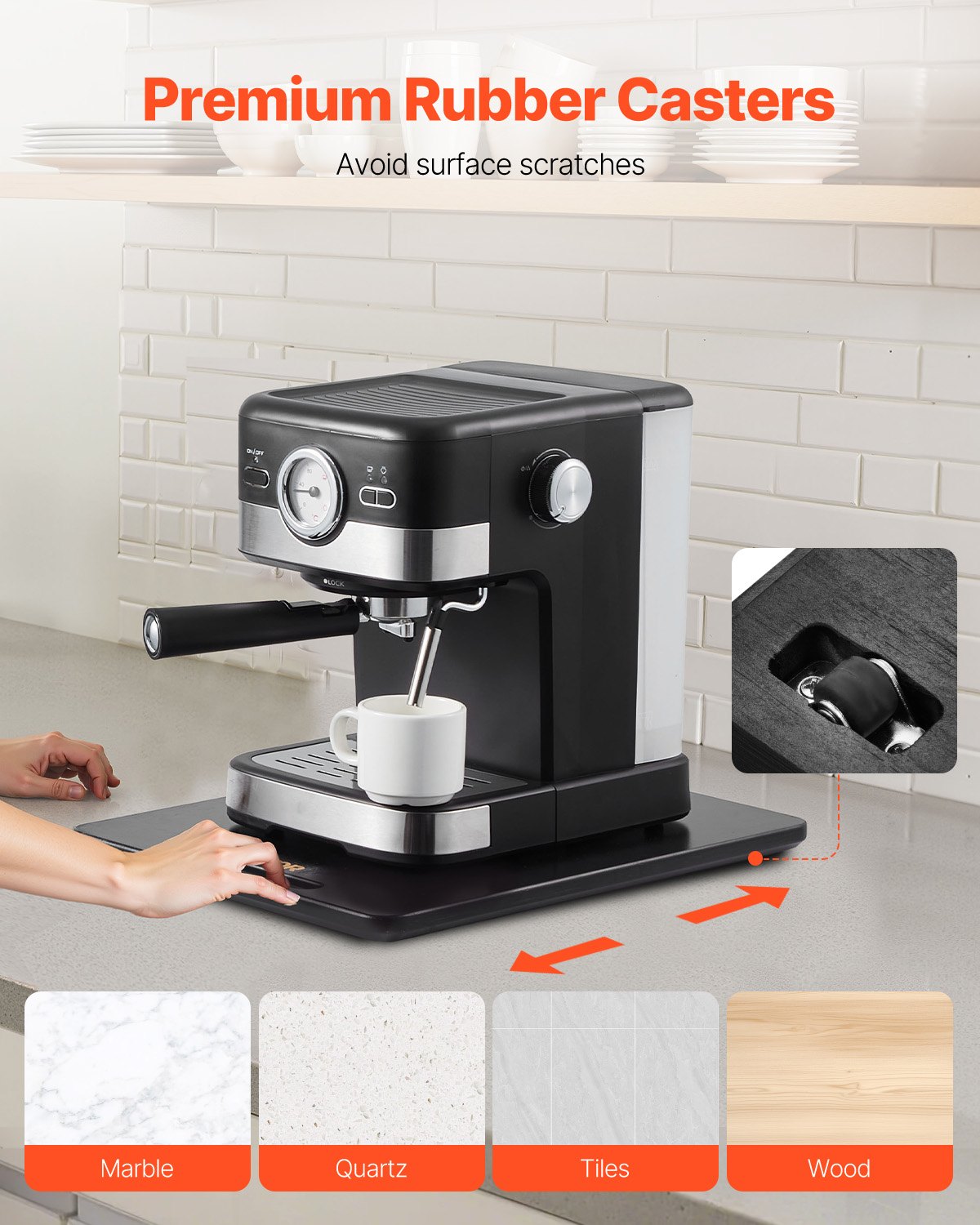 VEVOR Appliance Slider, Large 16 x 12-inch, Rolling Sliding Tray with Silent Rubber Wheels & Hollow Handle, Easy to Clean, Appliance Rolling Tray for Coffee Maker, Kitchen Countertop, Black