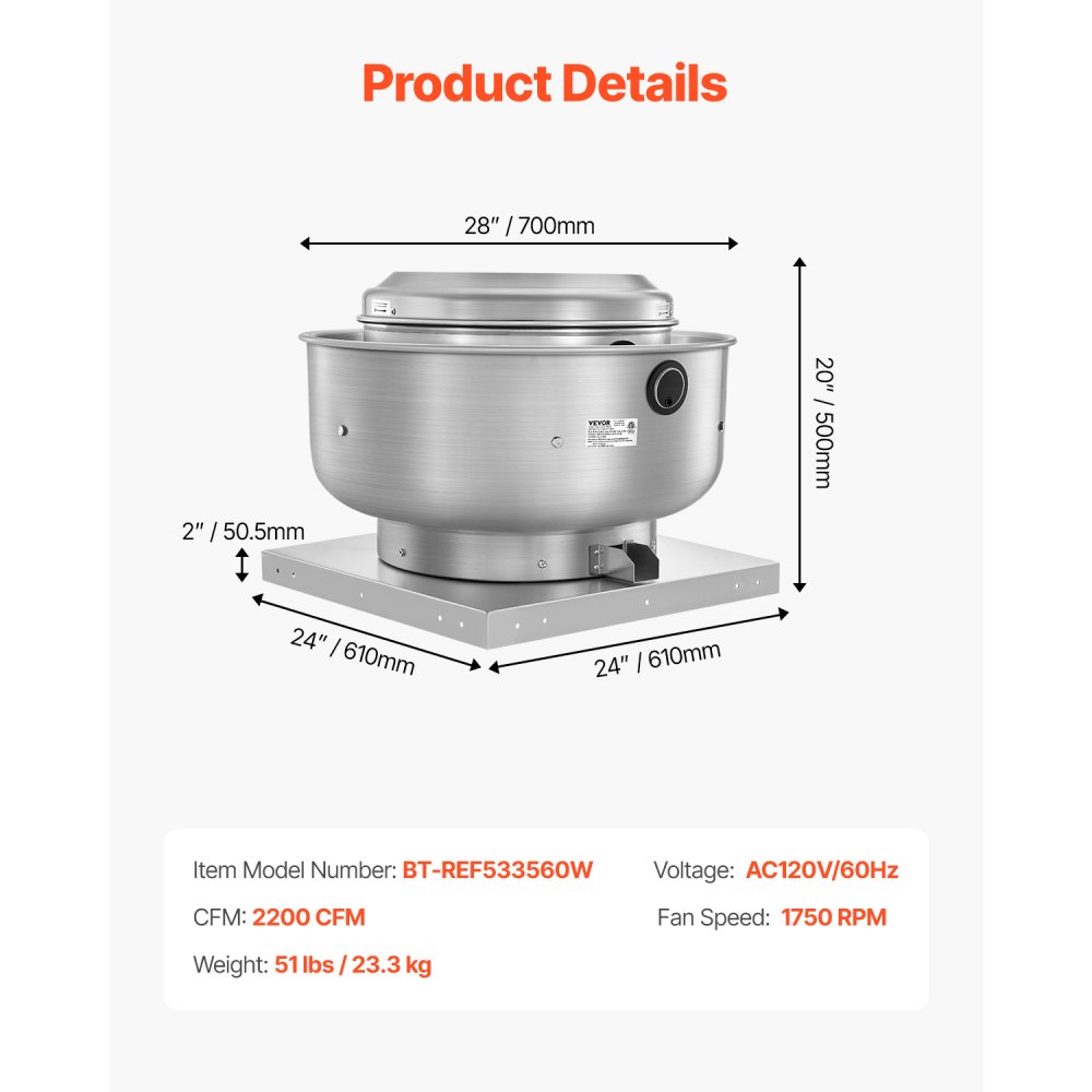 VEVOR Commercial Kitchen Exhaust Fan, 2200 CFM Restaurant Canopy Hood Exhaust Fan,  0.75HP 560W Direct Drive Food Truck Hood Vent, High Speed & Low Noise, for Warehouse, Agriculture