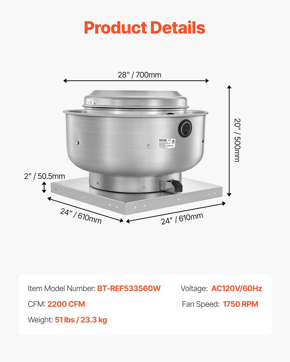 VEVOR Commercial Kitchen Exhaust Fan, 2200 CFM Restaurant Canopy Hood Exhaust Fan,  0.75HP 560W Direct Drive Food Truck Hood Vent, High Speed & Low Noise, for Warehouse, Agriculture