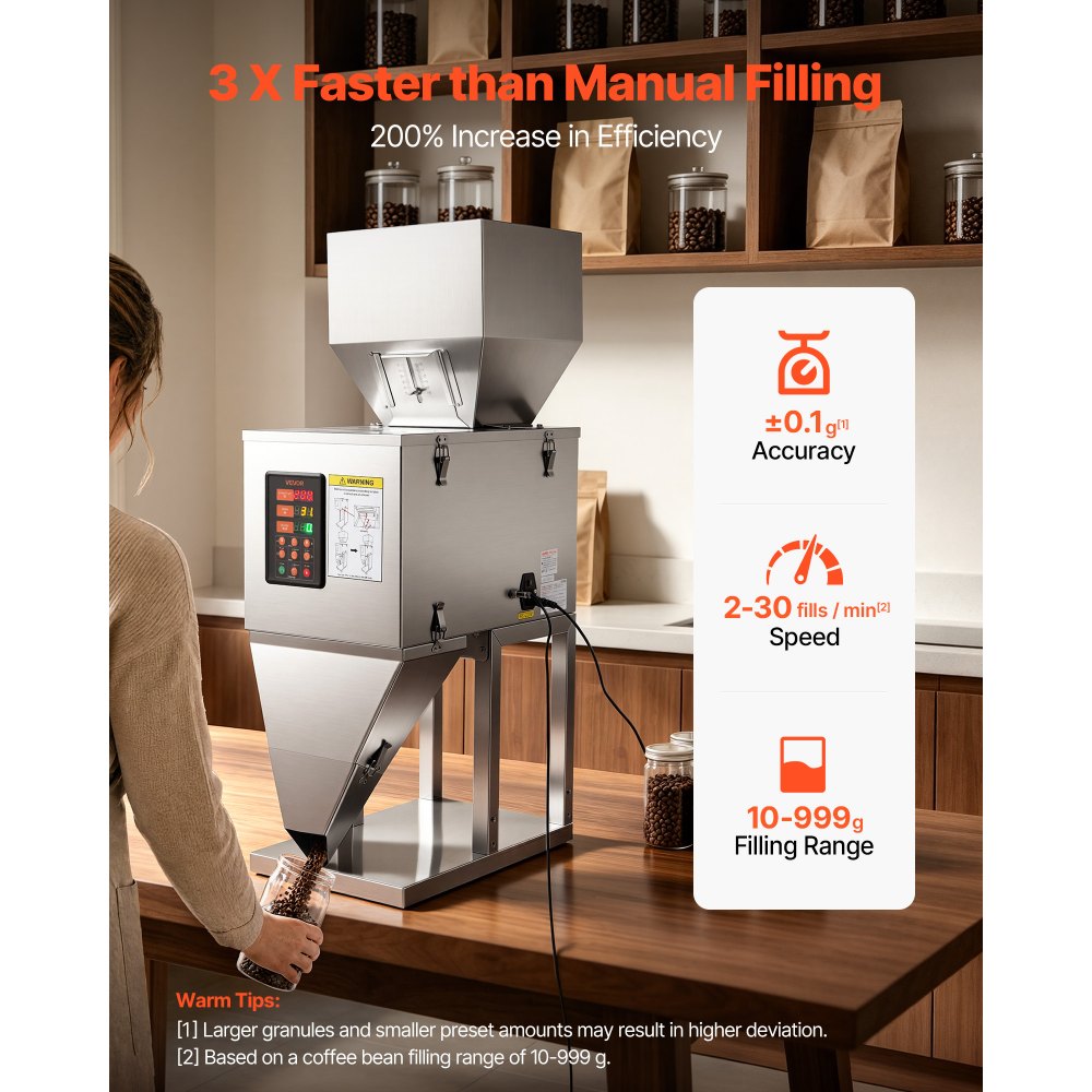 VEVOR Powder Filling Machine, 10-999g Automatic Particle Dispenser, Premium Stainless Steel, Intelligent Weighing Dispensing Filler with Foot Pedal, for Coffee Beans, Grains, Tea, Spices, Silver