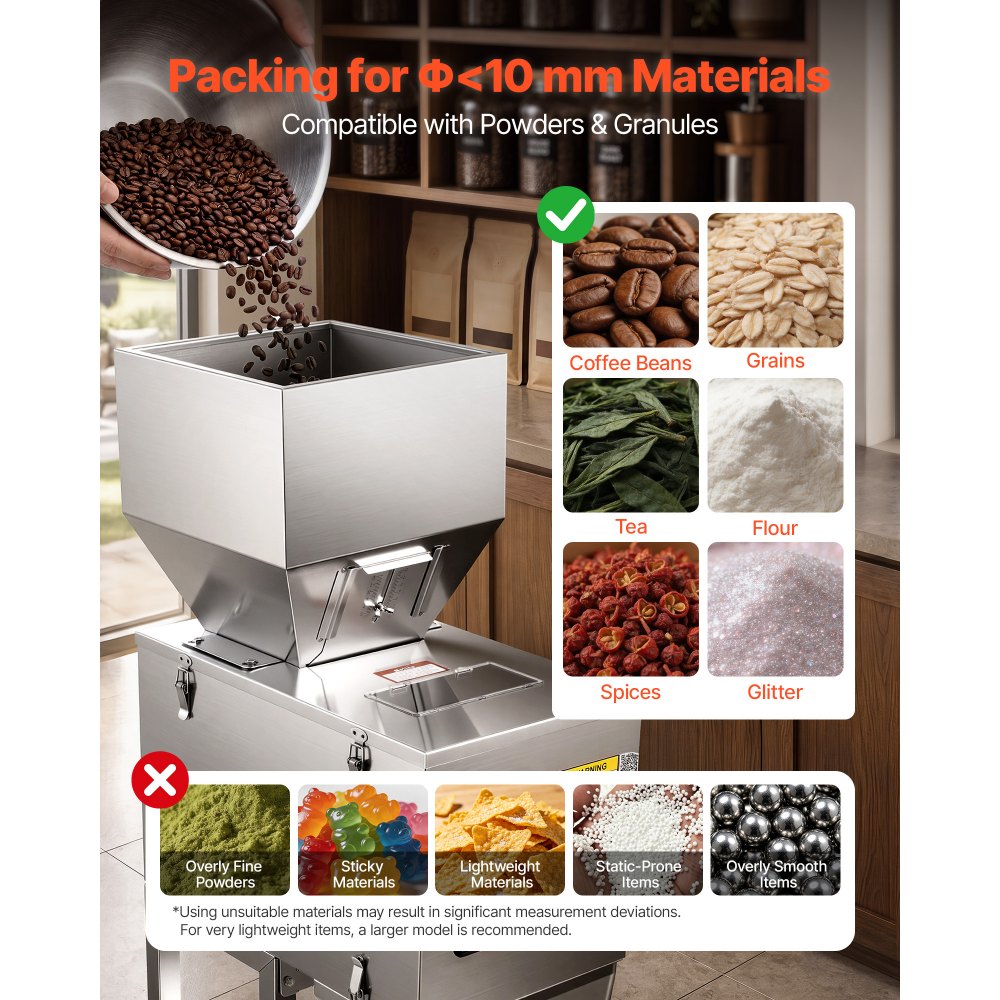 VEVOR Powder Filling Machine, 10-999g Automatic Particle Dispenser, Premium Stainless Steel, Intelligent Weighing Dispensing Filler with Foot Pedal, for Coffee Beans, Grains, Tea, Spices, Silver