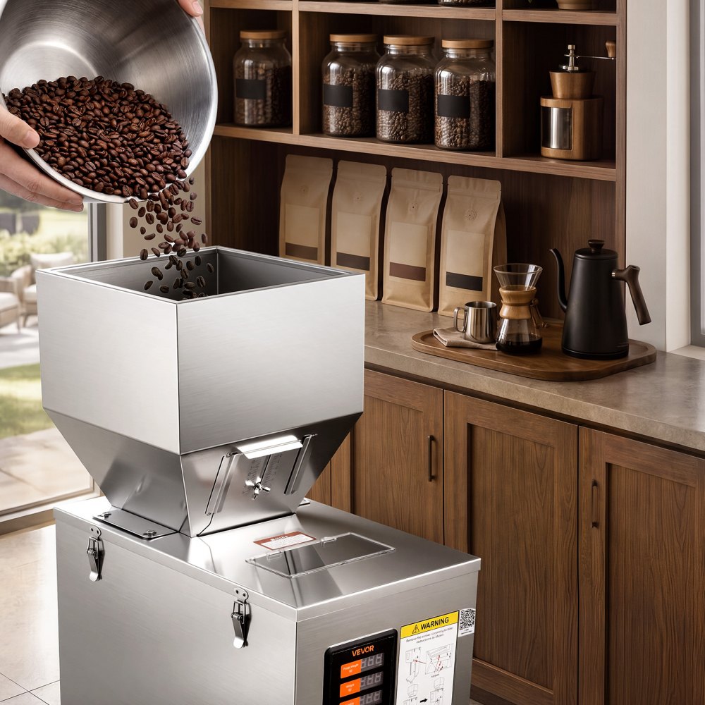 VEVOR Powder Filling Machine, 10-999g Automatic Particle Dispenser, Premium Stainless Steel, Intelligent Weighing Dispensing Filler with Foot Pedal, for Coffee Beans, Grains, Tea, Spices, Silver