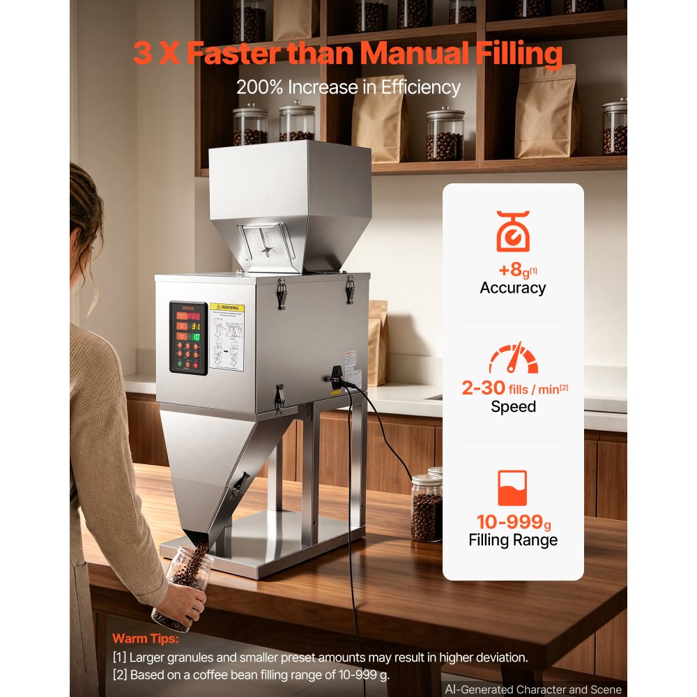 VEVOR Powder Filling Machine, 10-999g Automatic Particle Dispenser, Premium Stainless Steel, Intelligent Weighing Dispensing Filler with Foot Pedal, for Coffee Beans, Grains, Tea, Spices, Silver