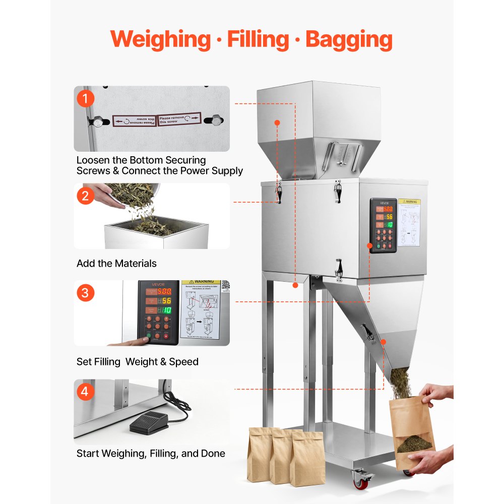 VEVOR Powder Filling Machine, 10-999g Automatic Particle Dispenser, Premium Stainless Steel, Intelligent Weighing Dispensing Filler with Foot Pedal, for Coffee Beans, Grains, Tea, Spices, Silver