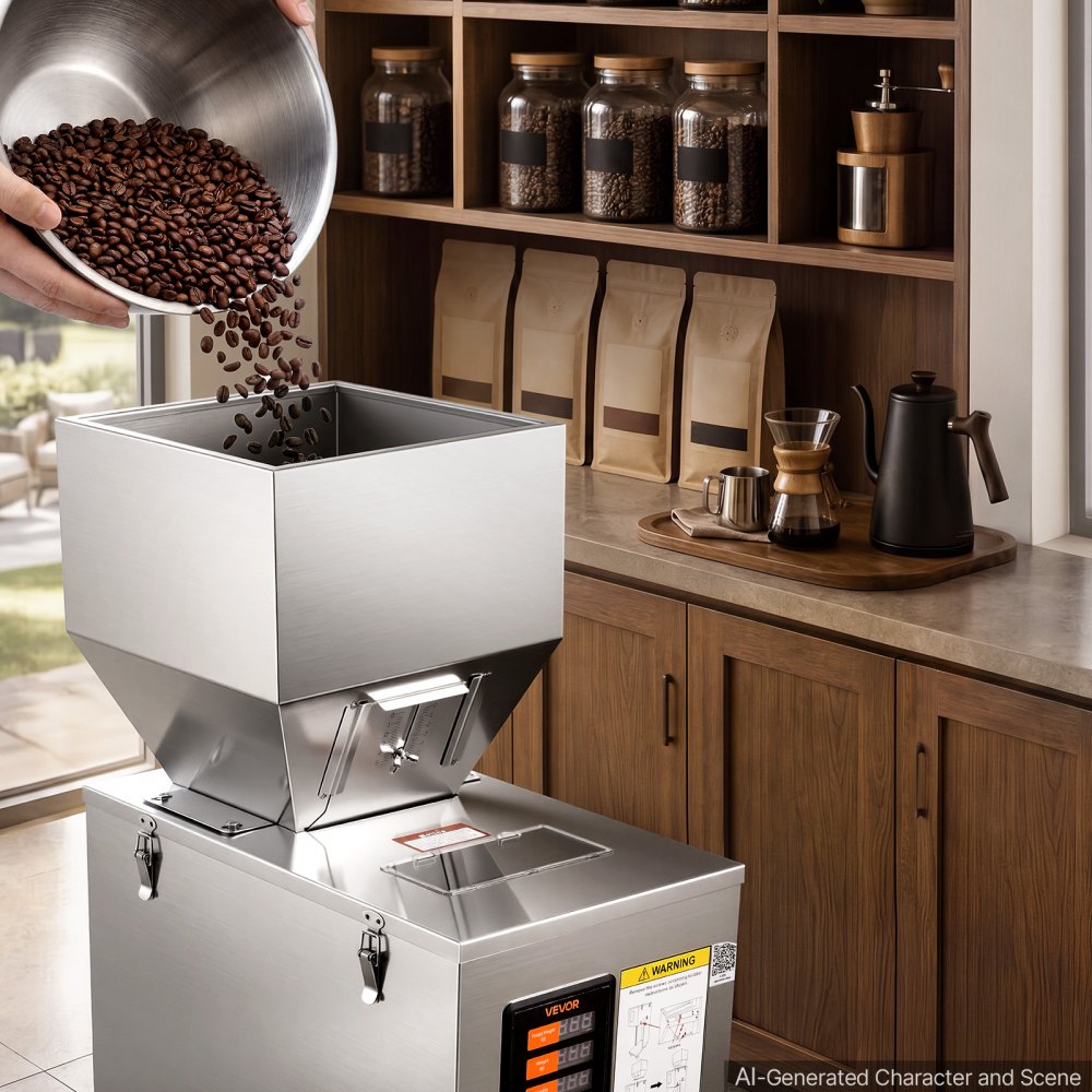 VEVOR Powder Filling Machine, 10-999g Automatic Particle Dispenser, Premium Stainless Steel, Intelligent Weighing Dispensing Filler with Foot Pedal, for Coffee Beans, Grains, Tea, Spices, Silver