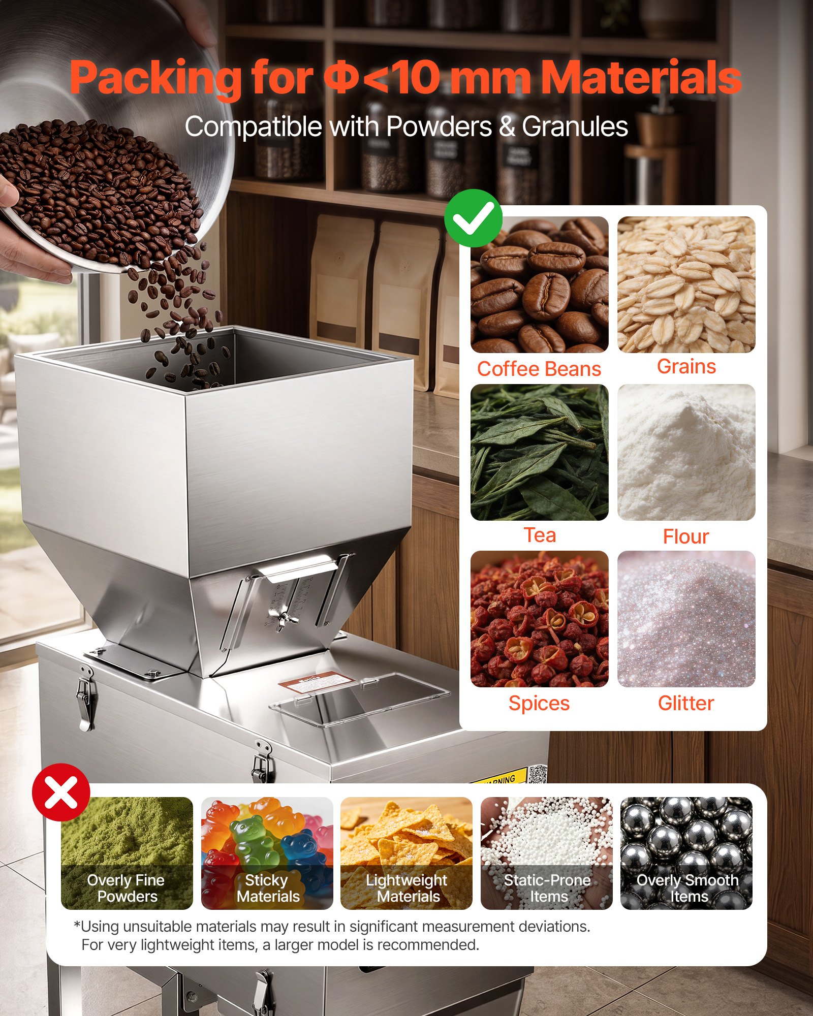 VEVOR Powder Filling Machine, 10-999g Automatic Particle Dispenser, Premium Stainless Steel, Intelligent Weighing Dispensing Filler with Foot Pedal, for Coffee Beans, Grains, Tea, Spices, Silver