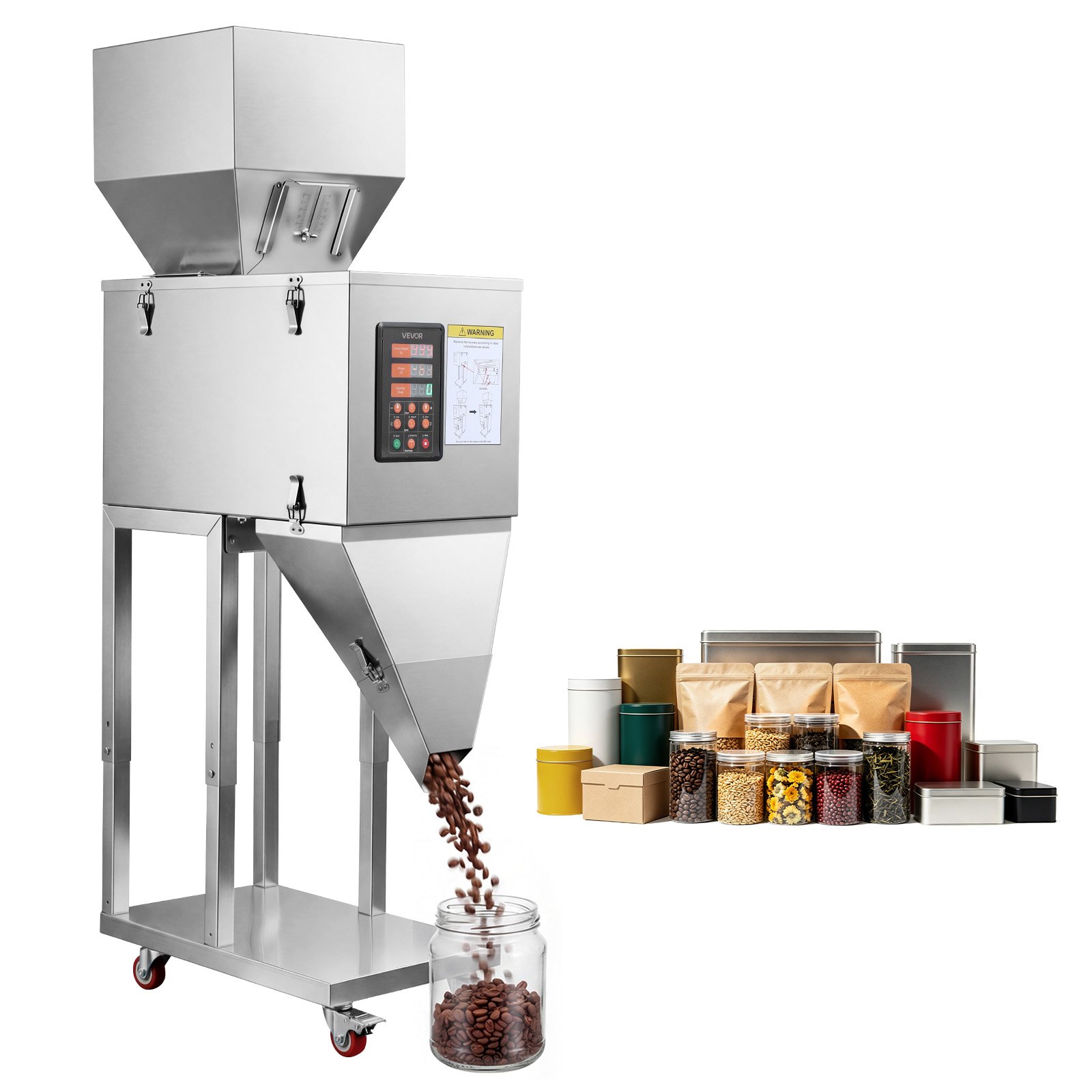 VEVOR Powder Filling Machine, 10-999g Automatic Particle Dispenser, Premium Stainless Steel, Intelligent Weighing Dispensing Filler with Foot Pedal, for Coffee Beans, Grains, Tea, Spices, Silver