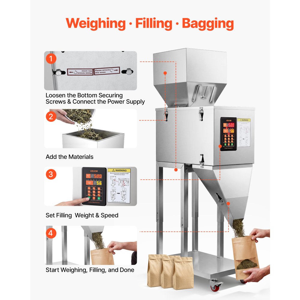 VEVOR Powder Filling Machine, 20-3000g (0.04 - 6.61lbs) Automatic Particle Dispenser, Stainless Steel, Smart Weighing Dispensing Filler w/ Foot Pedal, for Coffee Beans, Grains, Tea, Spices, Silver