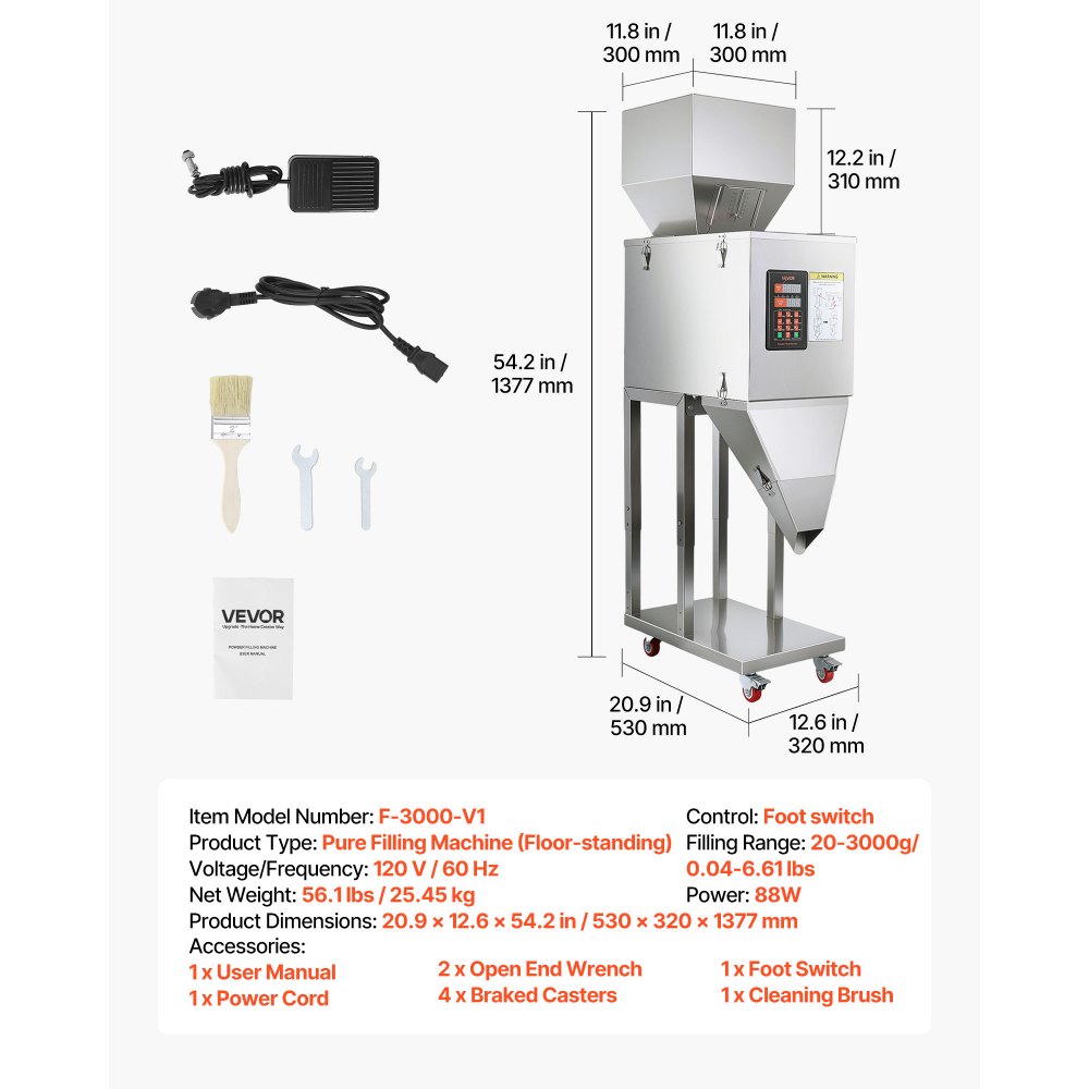 VEVOR Powder Filling Machine, 20-3000g (0.04 - 6.61lbs) Automatic Particle Dispenser, Stainless Steel, Smart Weighing Dispensing Filler w/ Foot Pedal, for Coffee Beans, Grains, Tea, Spices, Silver