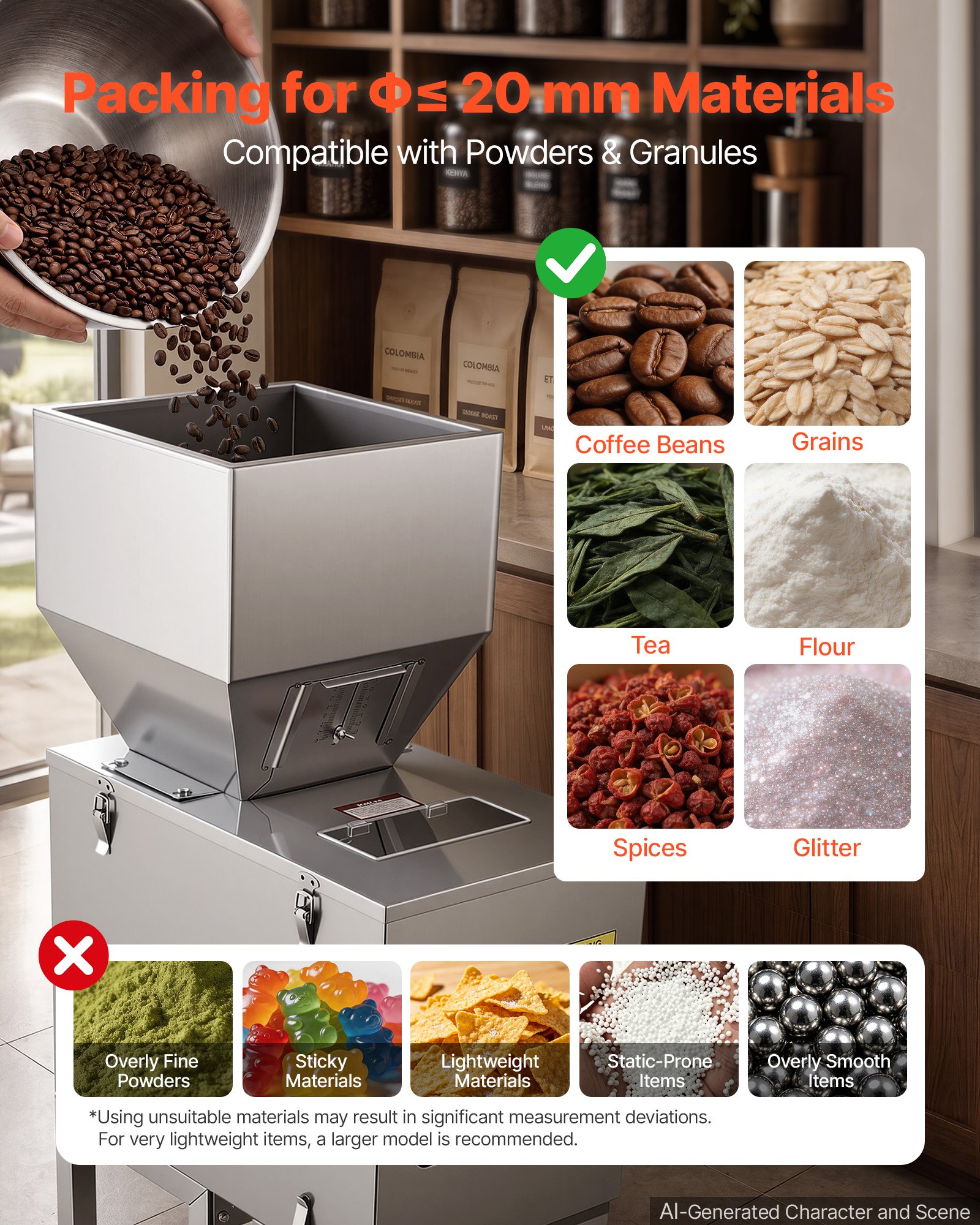 VEVOR Powder Filling Machine, 20-3000g (0.04 - 6.61lbs) Automatic Particle Dispenser, Stainless Steel, Smart Weighing Dispensing Filler w/ Foot Pedal, for Coffee Beans, Grains, Tea, Spices, Silver