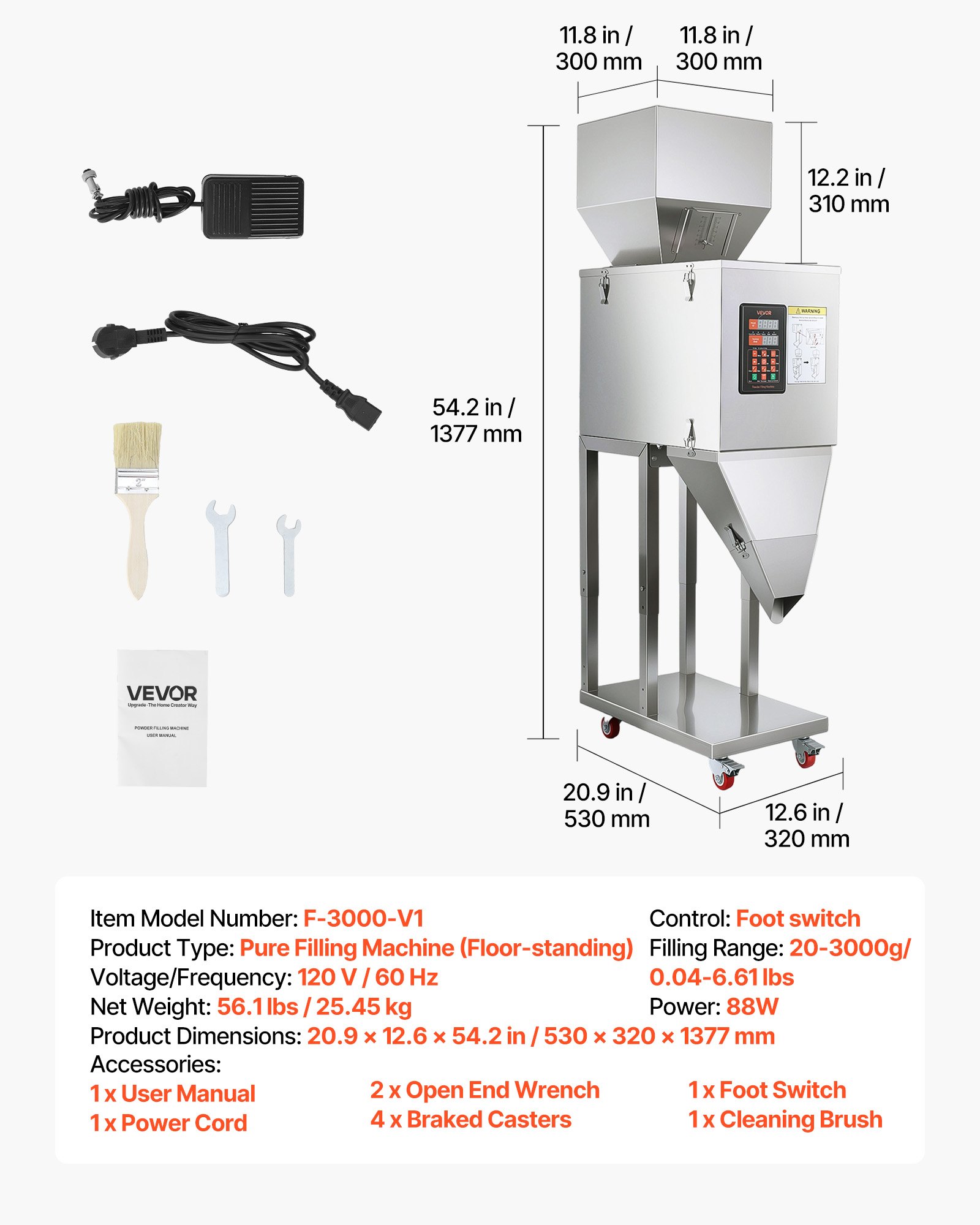 VEVOR Powder Filling Machine, 20-3000g (0.04 - 6.61lbs) Automatic Particle Dispenser, Stainless Steel, Smart Weighing Dispensing Filler w/ Foot Pedal, for Coffee Beans, Grains, Tea, Spices, Silver