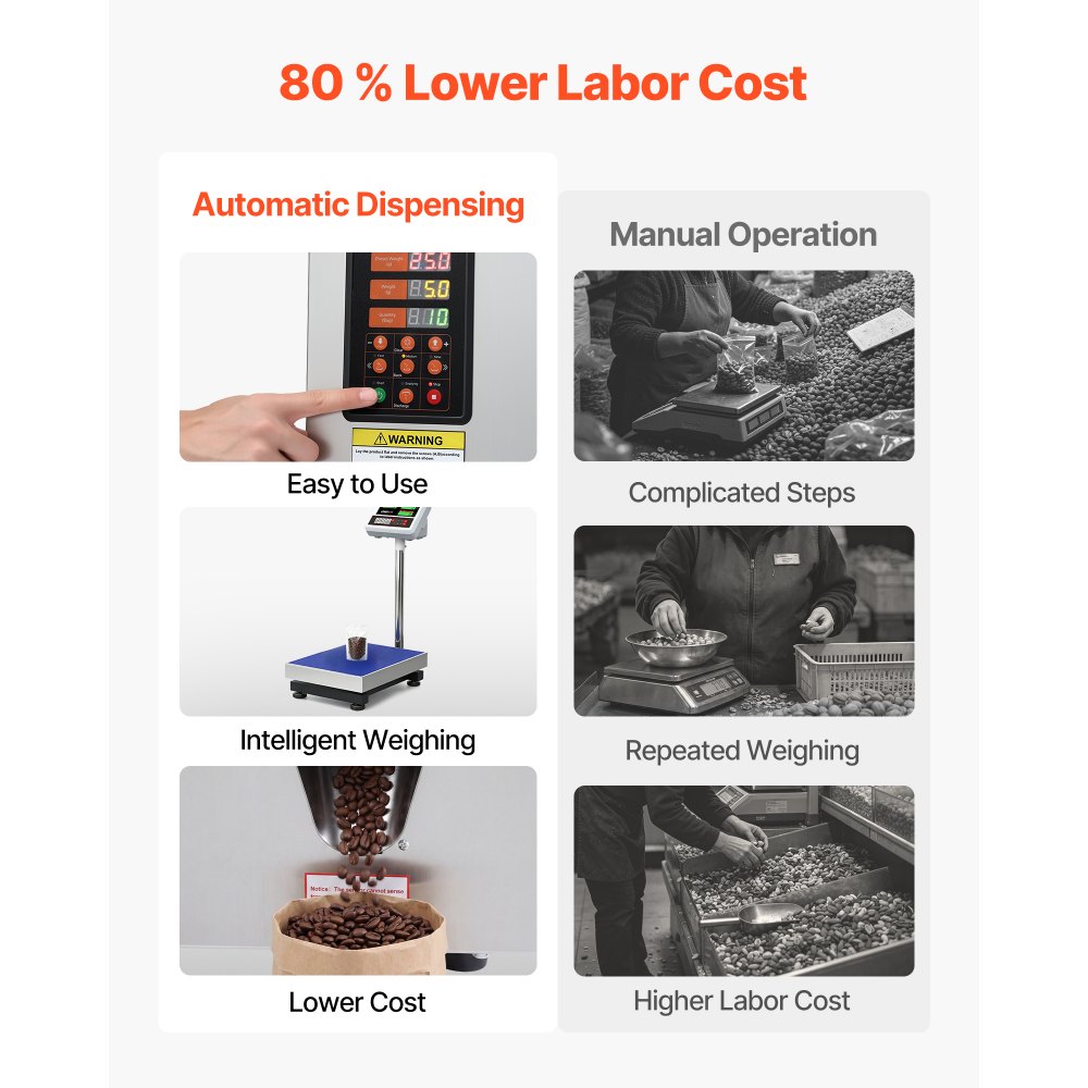 VEVOR Powder Filling Machine, 1-99.9g Automatic Particle Dispenser, High Accuracy, Premium Stainless Steel, Intelligent Weighing Dispensing Filler for Coffee Beans, Grains, Tea, Spices, Silver