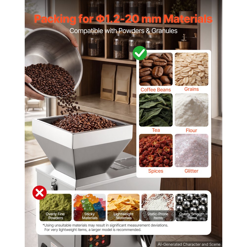 VEVOR Powder Filling Machine, 1-99.9g Automatic Particle Dispenser, High Accuracy, Premium Stainless Steel, Intelligent Weighing Dispensing Filler for Coffee Beans, Grains, Tea, Spices, Silver