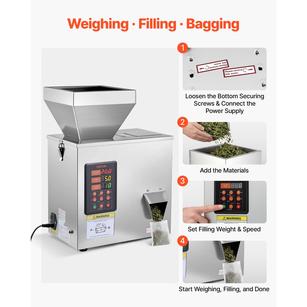 VEVOR Powder Filling Machine, 1-99.9g Automatic Particle Dispenser, High Accuracy, Premium Stainless Steel, Intelligent Weighing Dispensing Filler for Coffee Beans, Grains, Tea, Spices, Silver