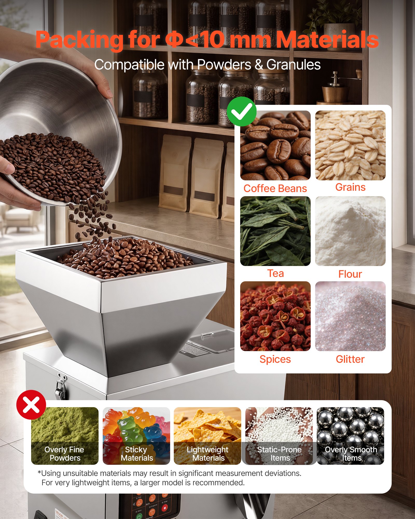 VEVOR Powder Filling Machine, 1-99.9g Automatic Particle Dispenser, High Accuracy, Premium Stainless Steel, Intelligent Weighing Dispensing Filler for Coffee Beans, Grains, Tea, Spices, Silver