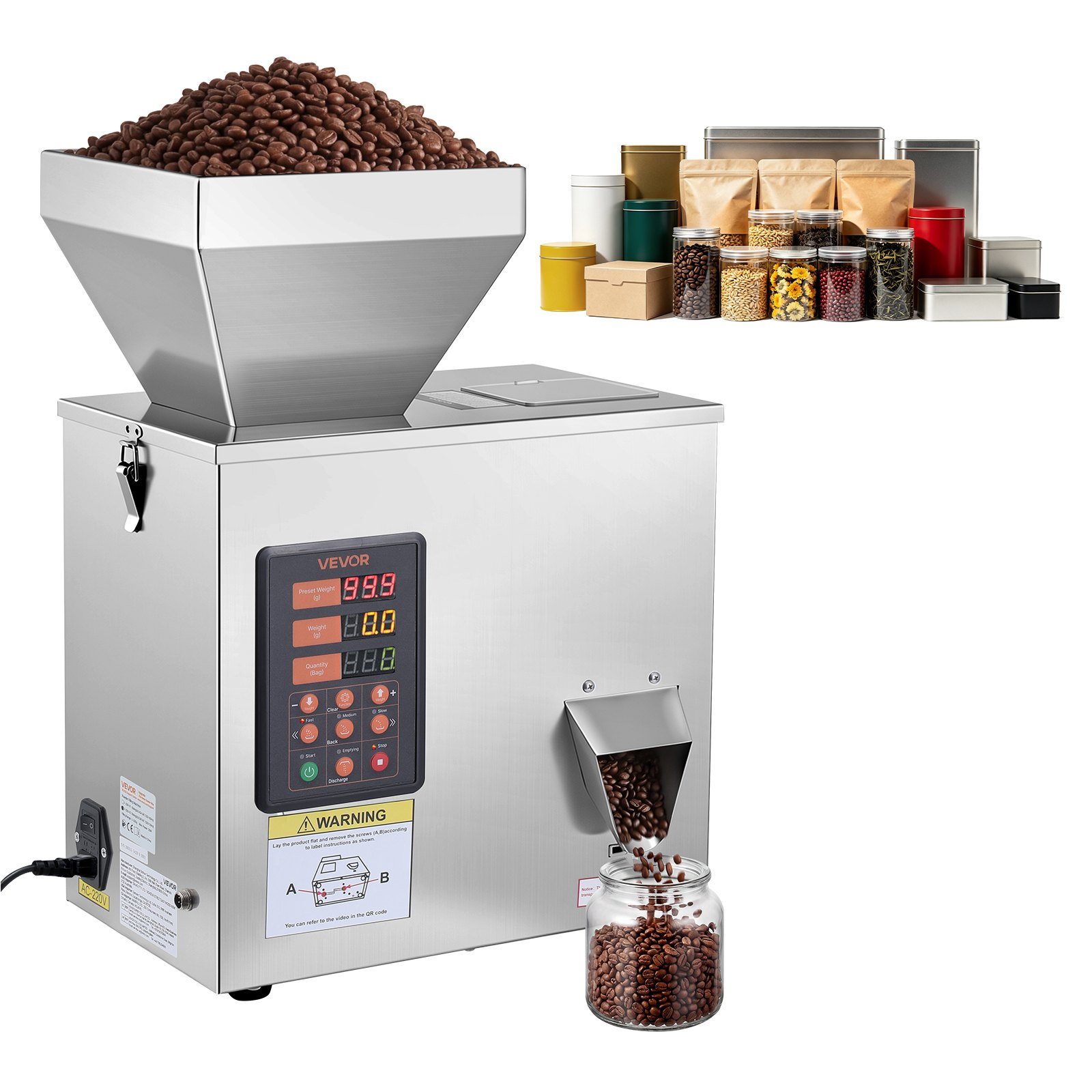 VEVOR Powder Filling Machine, 1-99.9g Automatic Particle Dispenser, High Accuracy, Premium Stainless Steel, Intelligent Weighing Dispensing Filler for Coffee Beans, Grains, Tea, Spices, Silver