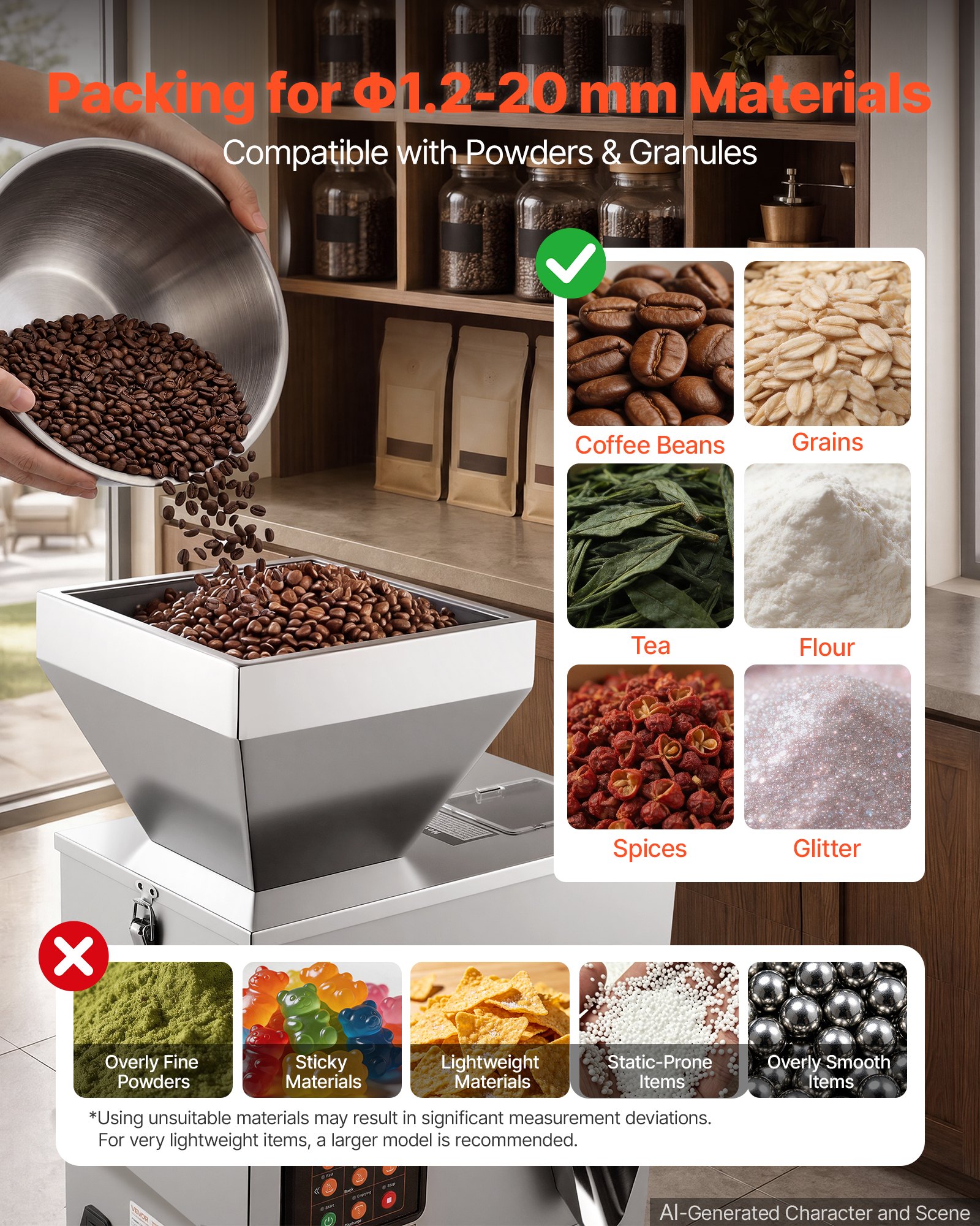 VEVOR Powder Filling Machine, 1-99.9g Automatic Particle Dispenser, High Accuracy, Premium Stainless Steel, Intelligent Weighing Dispensing Filler for Coffee Beans, Grains, Tea, Spices, Silver