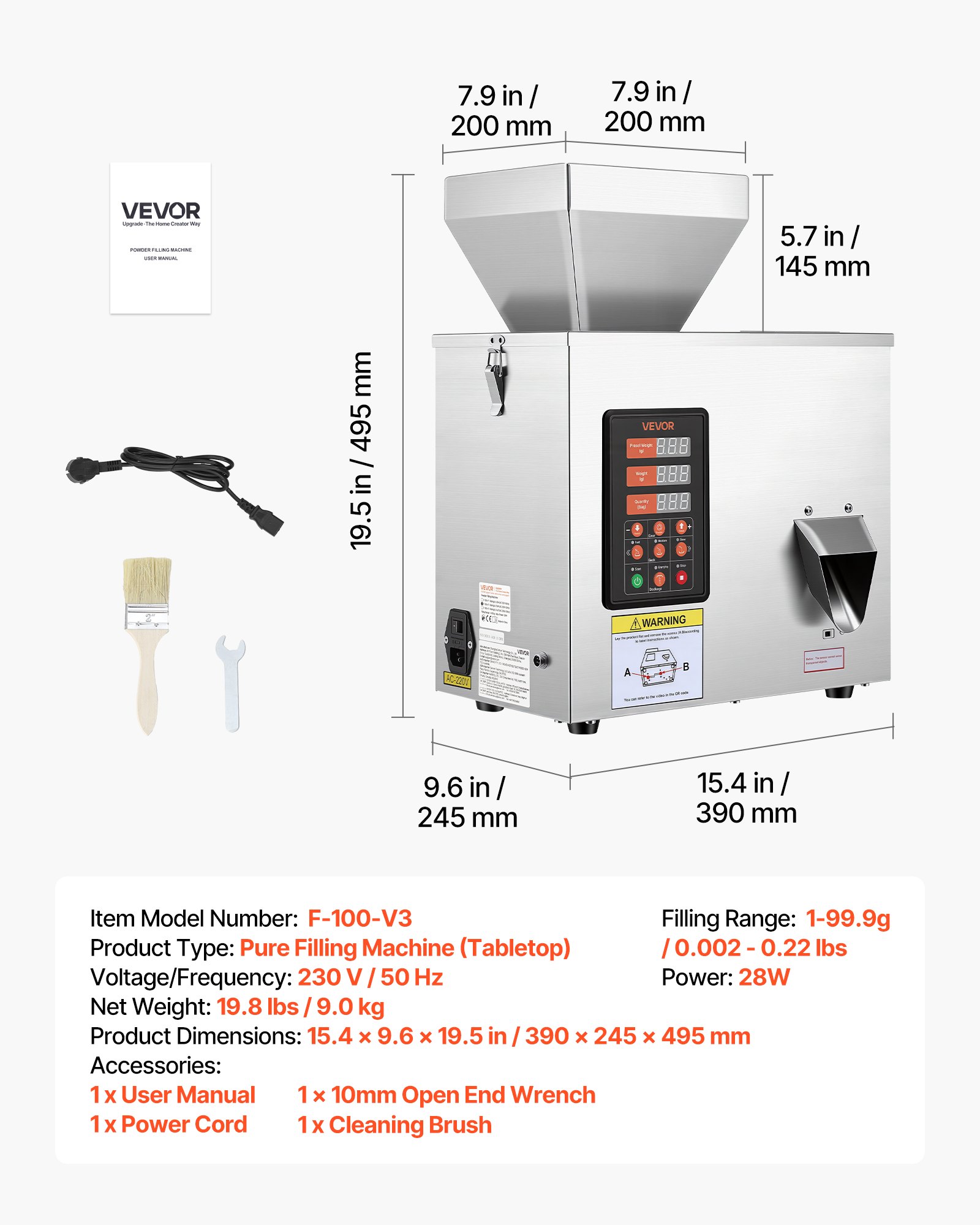VEVOR Powder Filling Machine, 1-99.9g Automatic Particle Dispenser, High Accuracy, Premium Stainless Steel, Intelligent Weighing Dispensing Filler for Coffee Beans, Grains, Tea, Spices, Silver