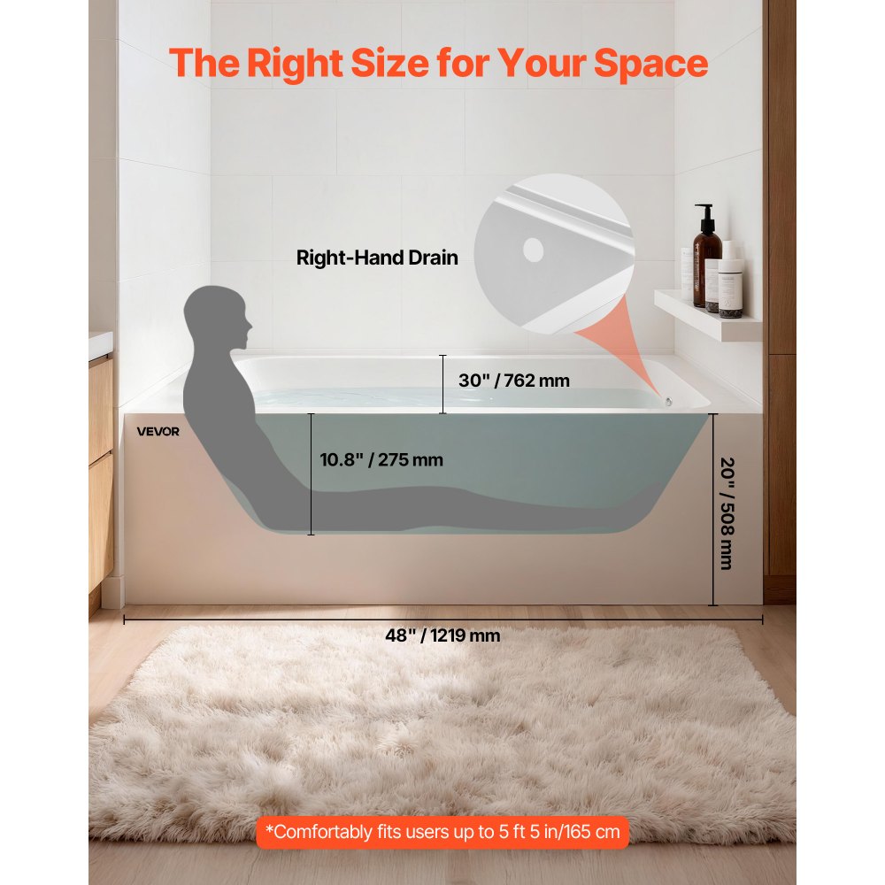 VEVOR Alcove Bathtub, 1219 x 762 mm Contemporary Alcove Acrylic Bathtub, Soaking Bath Tub with Right Hand Drain and Overflow Hole, Rectangular Deep Soak Tub for Bathroom with Integral Flange, White