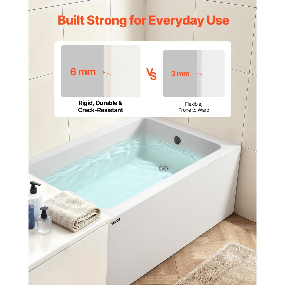 VEVOR Alcove Bathtub, 1219 x 762 mm Contemporary Alcove Acrylic Bathtub, Soaking Bath Tub with Right Hand Drain and Overflow Hole, Rectangular Deep Soak Tub for Bathroom with Integral Flange, White