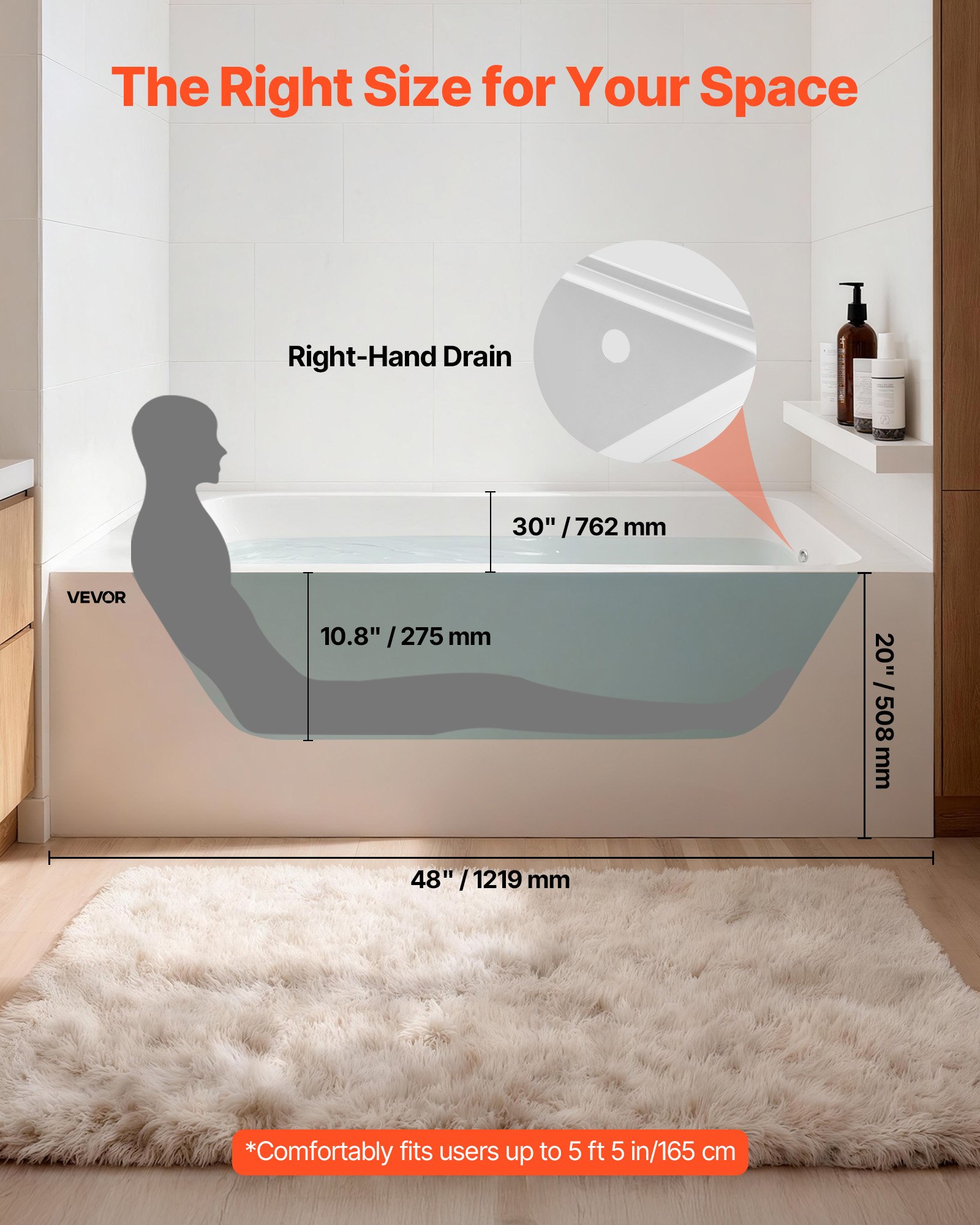 VEVOR Alcove Bathtub, 1219 x 762 mm Contemporary Alcove Acrylic Bathtub, Soaking Bath Tub with Right Hand Drain and Overflow Hole, Rectangular Deep Soak Tub for Bathroom with Integral Flange, White