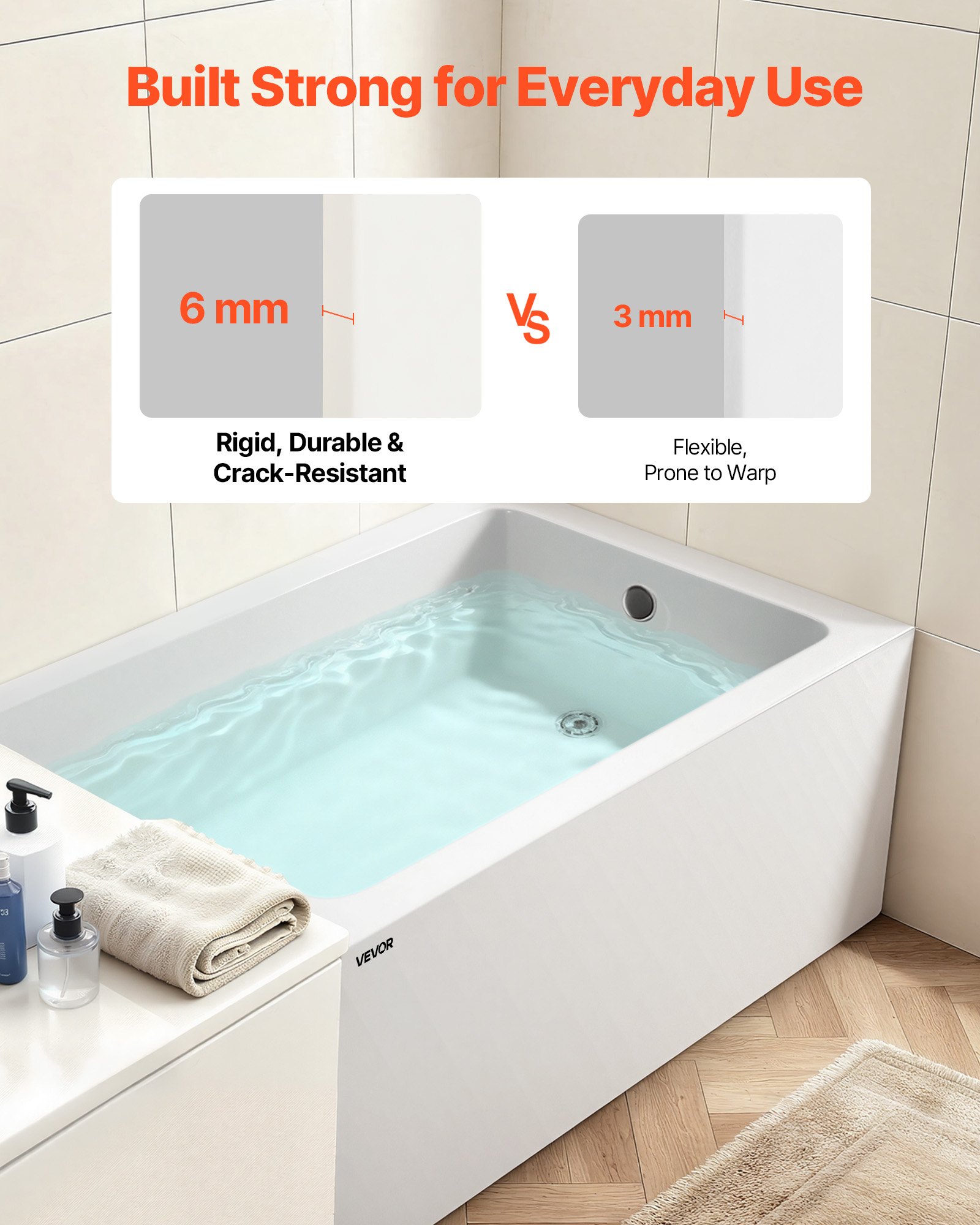 VEVOR Alcove Bathtub, 1219 x 762 mm Contemporary Alcove Acrylic Bathtub, Soaking Bath Tub with Right Hand Drain and Overflow Hole, Rectangular Deep Soak Tub for Bathroom with Integral Flange, White