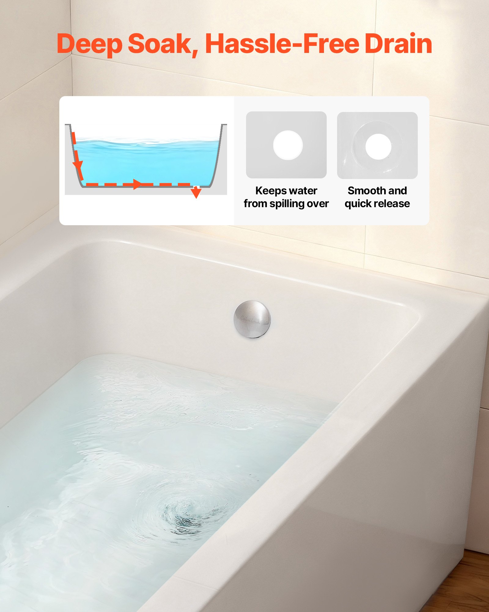 VEVOR Alcove Bathtub, 1219 x 762 mm Contemporary Alcove Acrylic Bathtub, Soaking Bath Tub with Right Hand Drain and Overflow Hole, Rectangular Deep Soak Tub for Bathroom with Integral Flange, White