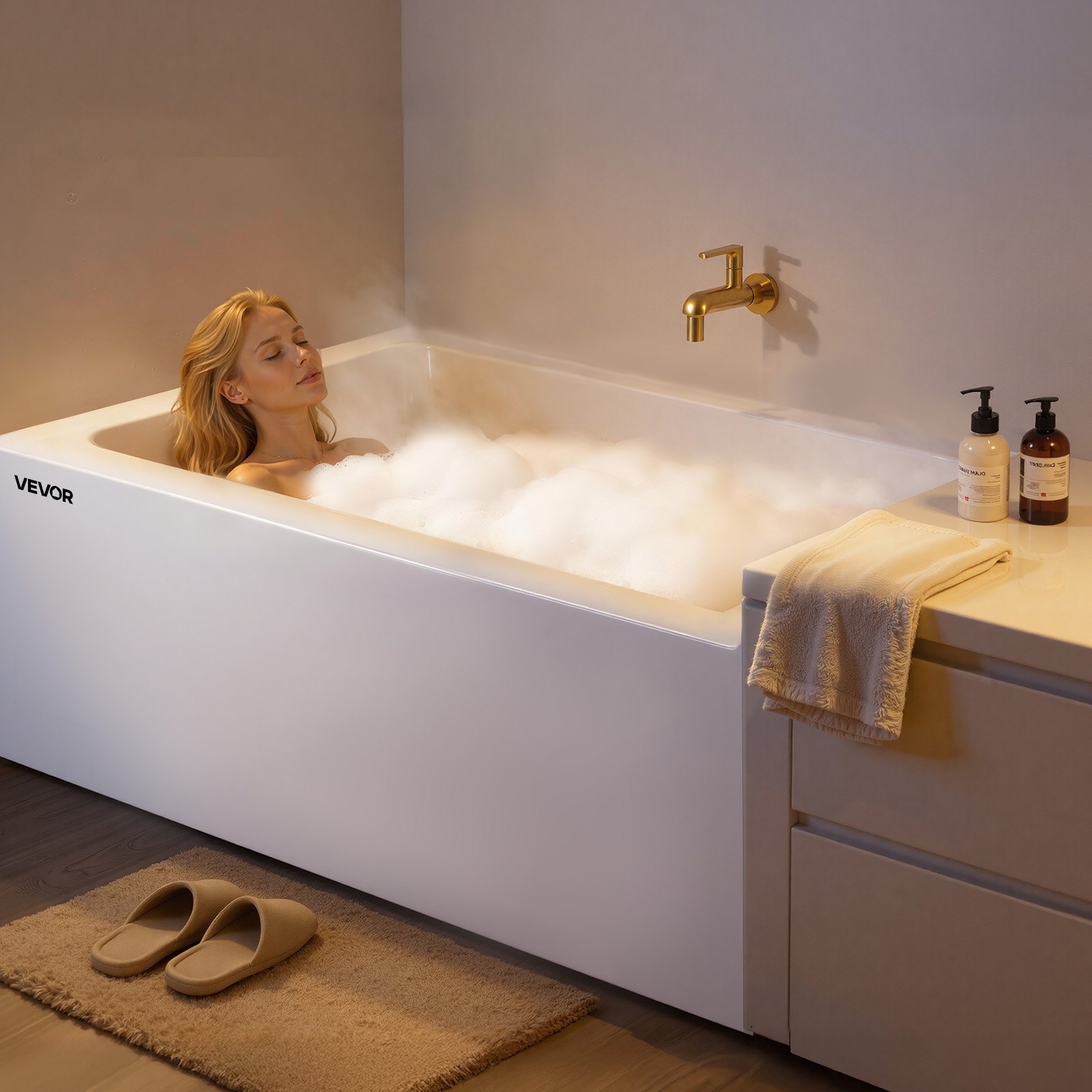 VEVOR Alcove Bathtub, 1219 x 762 mm Contemporary Alcove Acrylic Bathtub, Soaking Bath Tub with Right Hand Drain and Overflow Hole, Rectangular Deep Soak Tub for Bathroom with Integral Flange, White