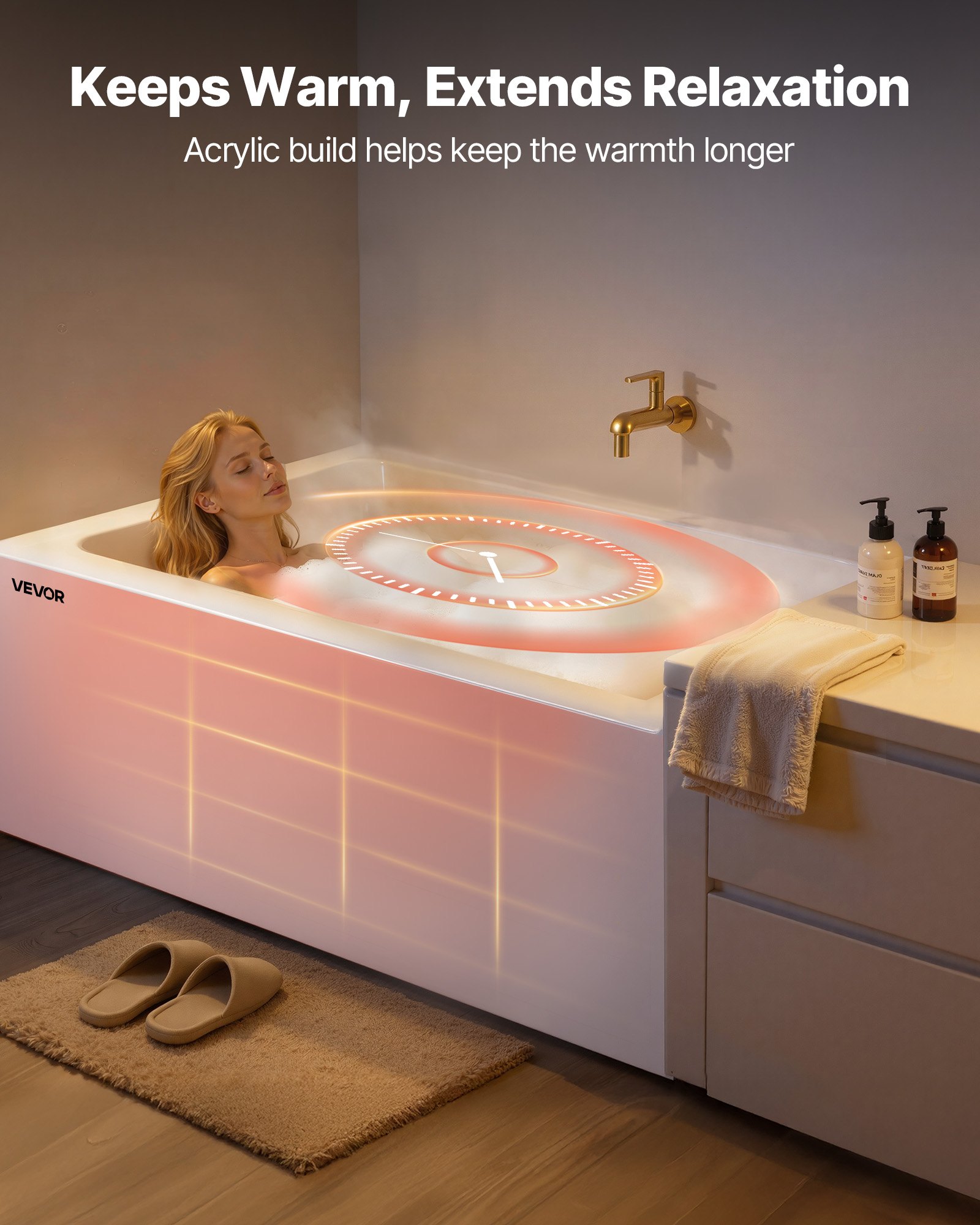 VEVOR Alcove Bathtub, 1219 x 762 mm Contemporary Alcove Acrylic Bathtub, Soaking Bath Tub with Right Hand Drain and Overflow Hole, Rectangular Deep Soak Tub for Bathroom with Integral Flange, White