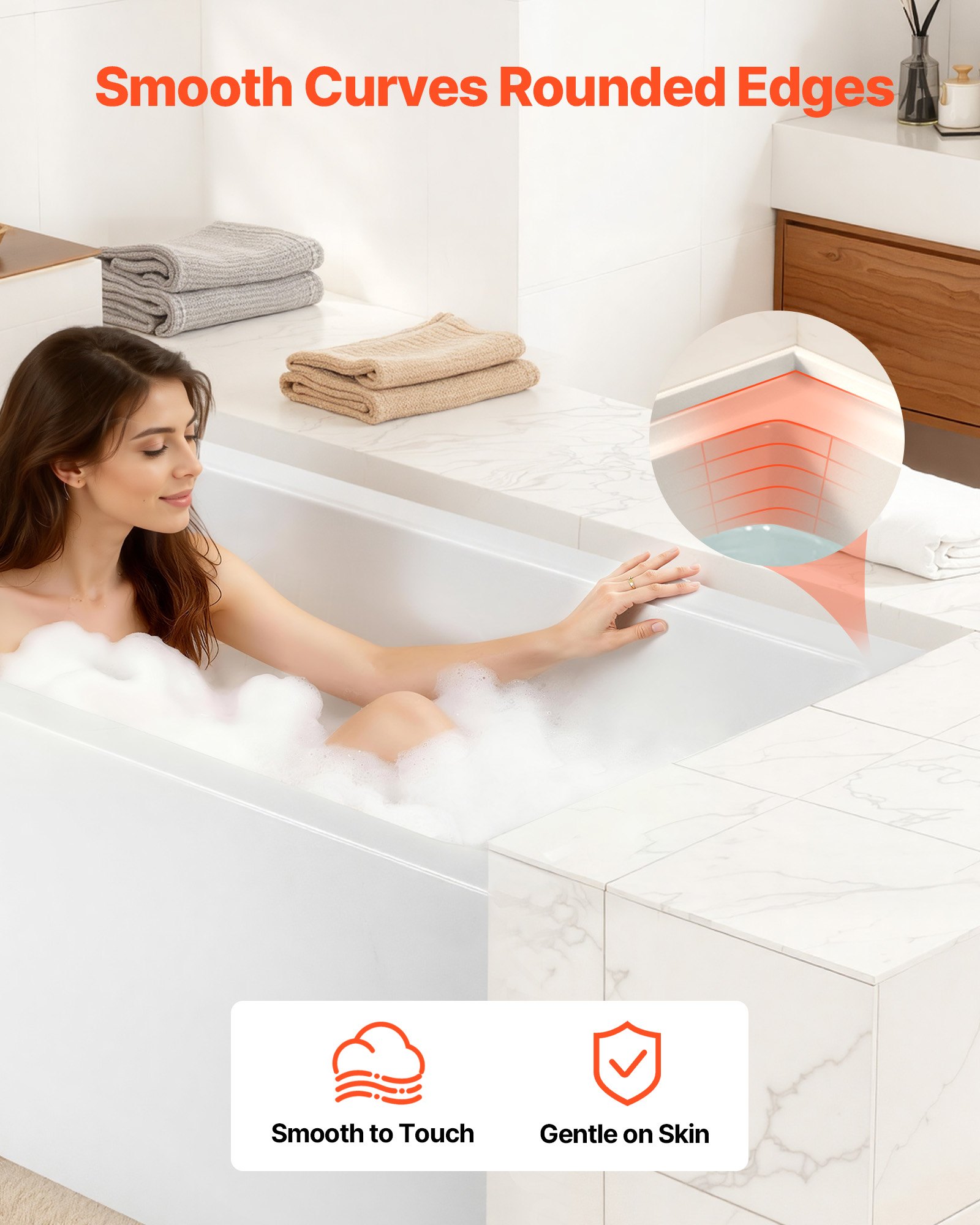 VEVOR Alcove Bathtub, 1219 x 762 mm Contemporary Alcove Acrylic Bathtub, Soaking Bath Tub with Right Hand Drain and Overflow Hole, Rectangular Deep Soak Tub for Bathroom with Integral Flange, White