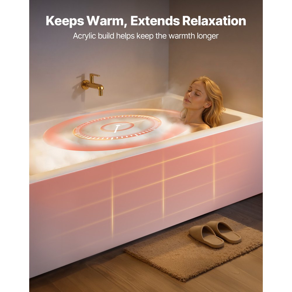 VEVOR Alcove Bathtub, 1524 x 762 mm Contemporary Alcove Acrylic Bathtub, Soaking Bath Tub with Left Hand Drain and Overflow Hole, Rectangular Deep Soak Tub for Bathroom with Integral Flange, White