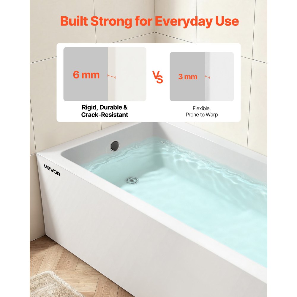 VEVOR Alcove Bathtub, 1524 x 762 mm Contemporary Alcove Acrylic Bathtub, Soaking Bath Tub with Left Hand Drain and Overflow Hole, Rectangular Deep Soak Tub for Bathroom with Integral Flange, White