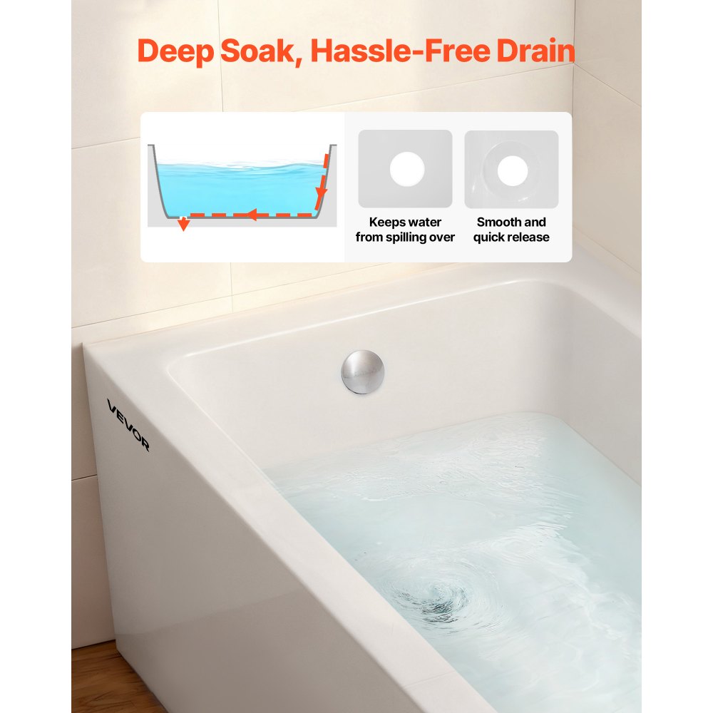 VEVOR Alcove Bathtub, 1524 x 762 mm Contemporary Alcove Acrylic Bathtub, Soaking Bath Tub with Left Hand Drain and Overflow Hole, Rectangular Deep Soak Tub for Bathroom with Integral Flange, White