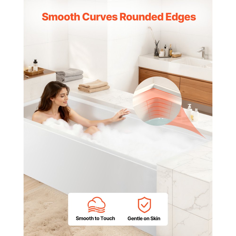 VEVOR Alcove Bathtub, 1524 x 762 mm Contemporary Alcove Acrylic Bathtub, Soaking Bath Tub with Left Hand Drain and Overflow Hole, Rectangular Deep Soak Tub for Bathroom with Integral Flange, White