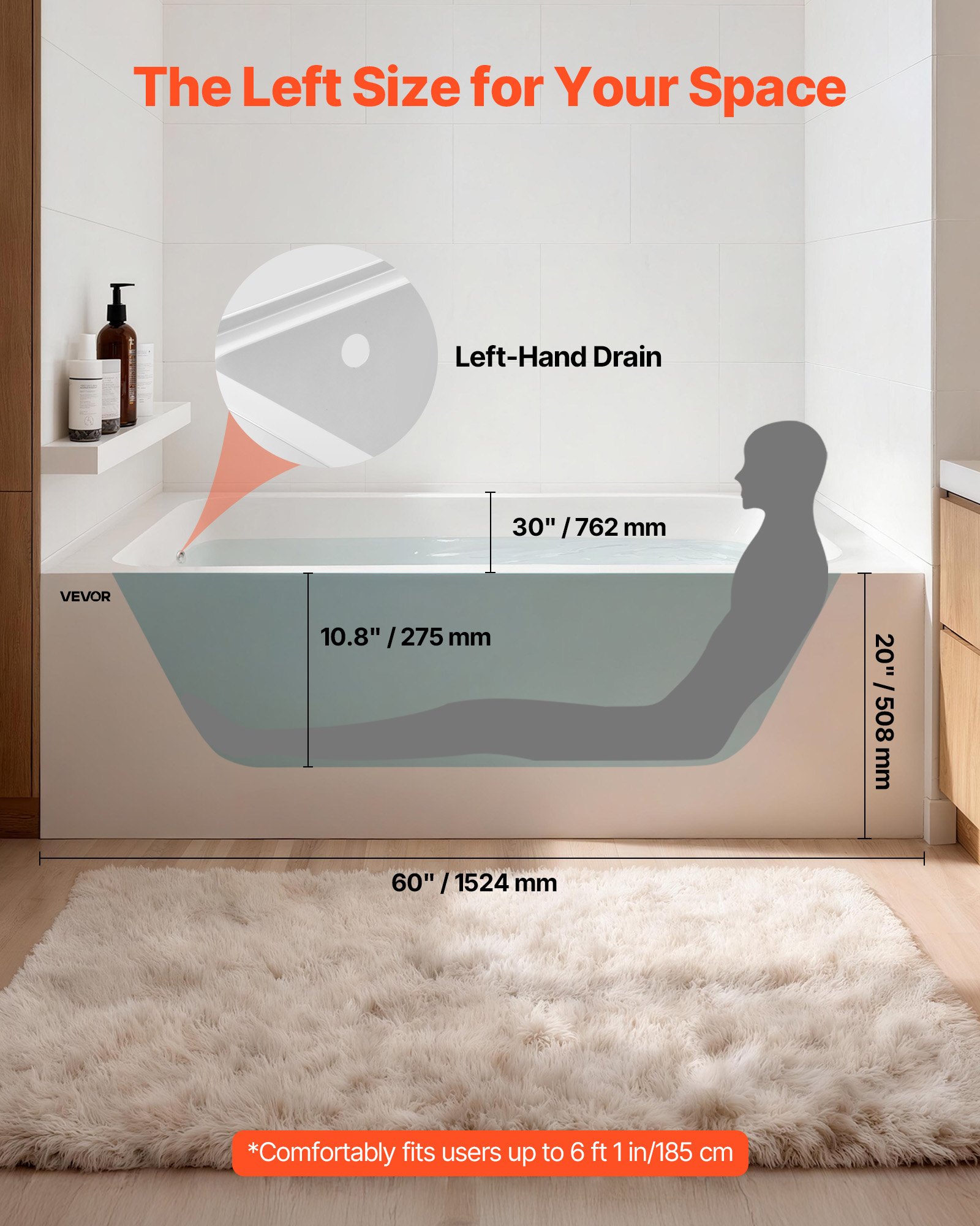 VEVOR Alcove Bathtub, 1524 x 762 mm Contemporary Alcove Acrylic Bathtub, Soaking Bath Tub with Left Hand Drain and Overflow Hole, Rectangular Deep Soak Tub for Bathroom with Integral Flange, White