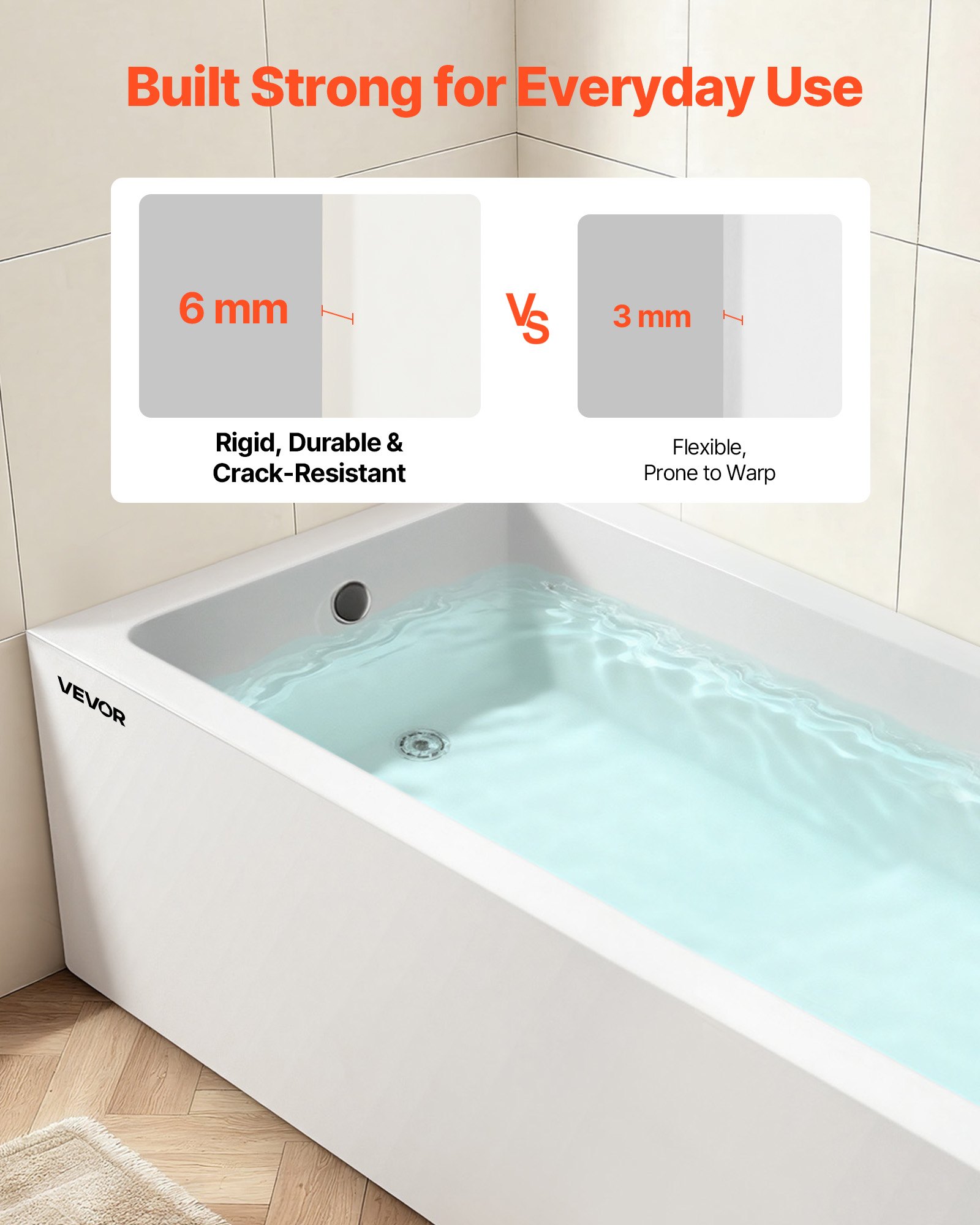 VEVOR Alcove Bathtub, 1524 x 762 mm Contemporary Alcove Acrylic Bathtub, Soaking Bath Tub with Left Hand Drain and Overflow Hole, Rectangular Deep Soak Tub for Bathroom with Integral Flange, White