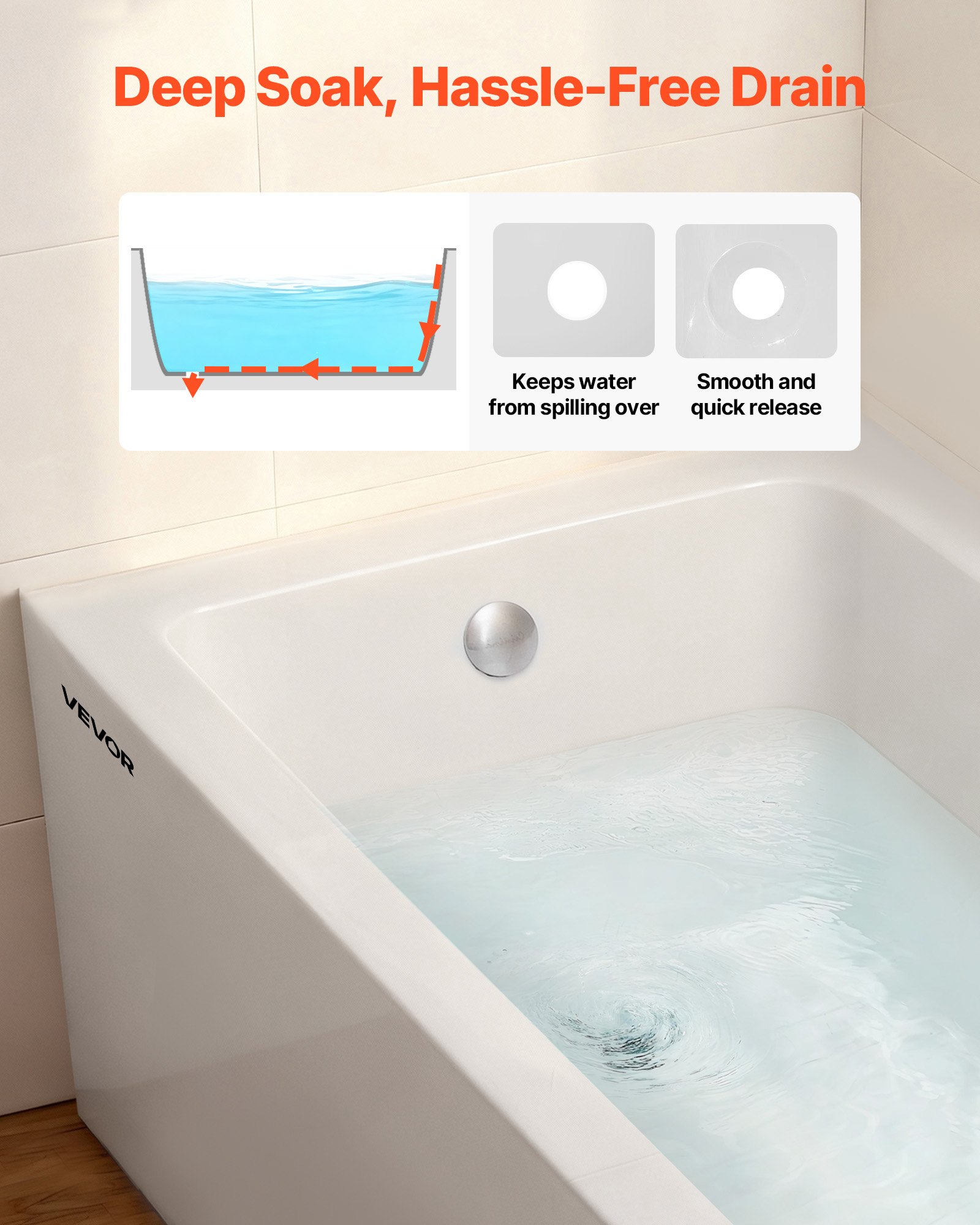 VEVOR Alcove Bathtub, 1524 x 762 mm Contemporary Alcove Acrylic Bathtub, Soaking Bath Tub with Left Hand Drain and Overflow Hole, Rectangular Deep Soak Tub for Bathroom with Integral Flange, White