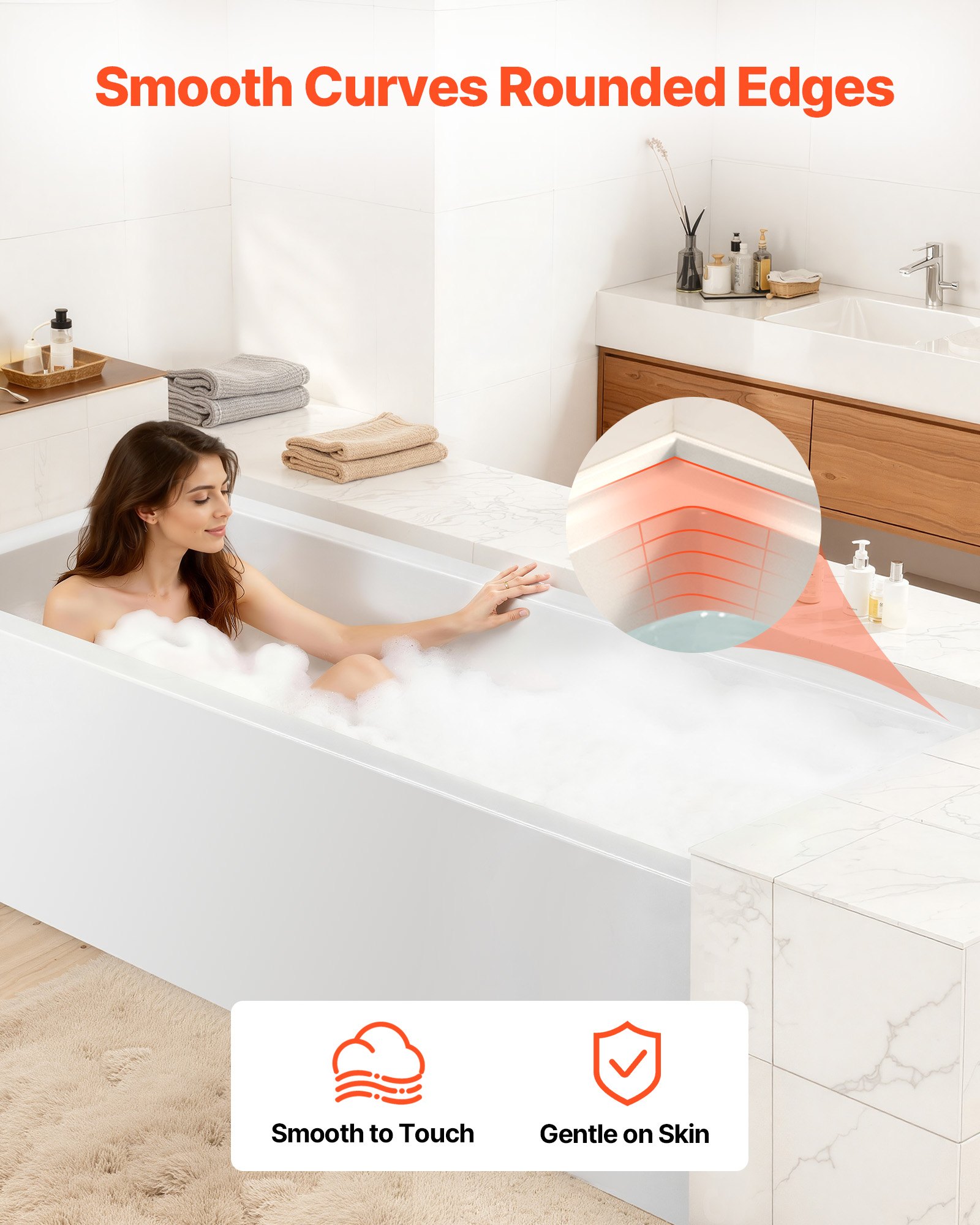 VEVOR Alcove Bathtub, 1524 x 762 mm Contemporary Alcove Acrylic Bathtub, Soaking Bath Tub with Left Hand Drain and Overflow Hole, Rectangular Deep Soak Tub for Bathroom with Integral Flange, White