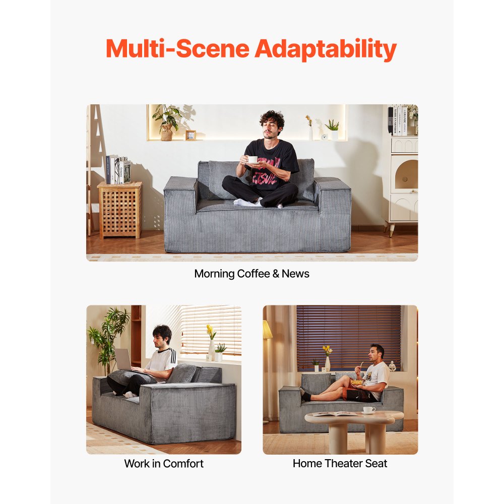 VEVOR Loveseat Sofa, 63-Inch 2-Seats Couch for Living Room, Modern Small Corduroy Couch with Pocket Springs, Soft Cushions, Comfy Loveseat for Bedroom, Office or Apartment, No Assembly Required, Gray