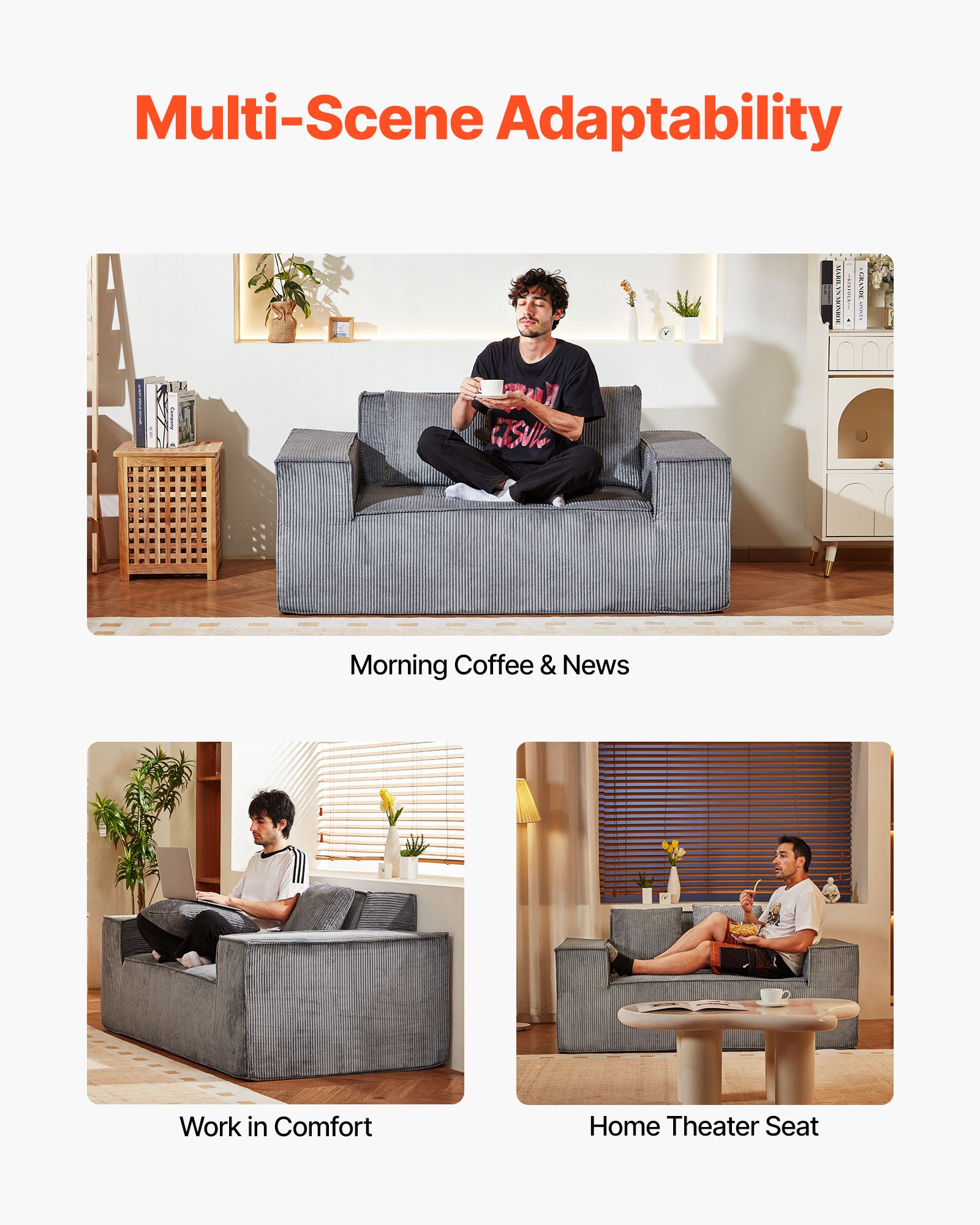 VEVOR Loveseat Sofa, 63-Inch 2-Seats Couch for Living Room, Modern Small Corduroy Couch with Pocket Springs, Soft Cushions, Comfy Loveseat for Bedroom, Office or Apartment, No Assembly Required, Gray