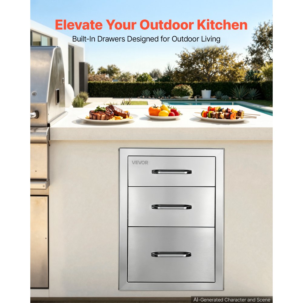 VEVOR Outdoor Kitchen Drawers, 52.1 x 57.1 x 36.8 cm (WxHxD), 3-Tier Access, for BBQ Island Storage, Patio Bars and Grill Station with Handle, Built-In BBQ Island Drawers Organize Cookware Accessories